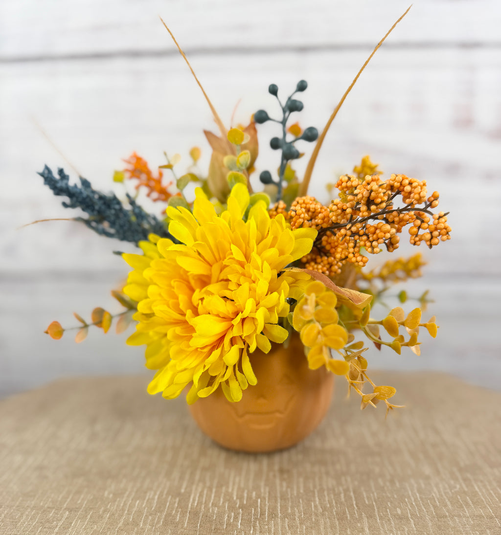 Golden Pumpkin Patch – Terracotta Pumpkin Fall Floral Arrangement