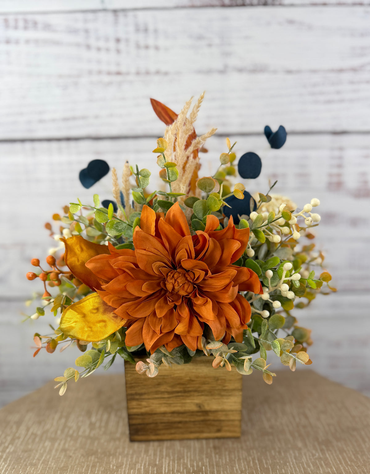 Autumn Blue Fall Floral Arrangement in Wood Cube