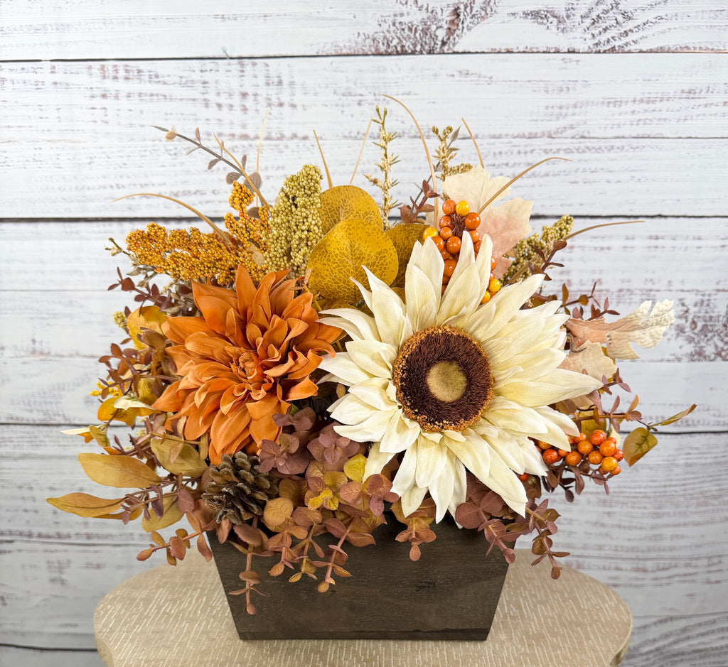 October Sun – Fall Sunflower Wood Trough Arrangement