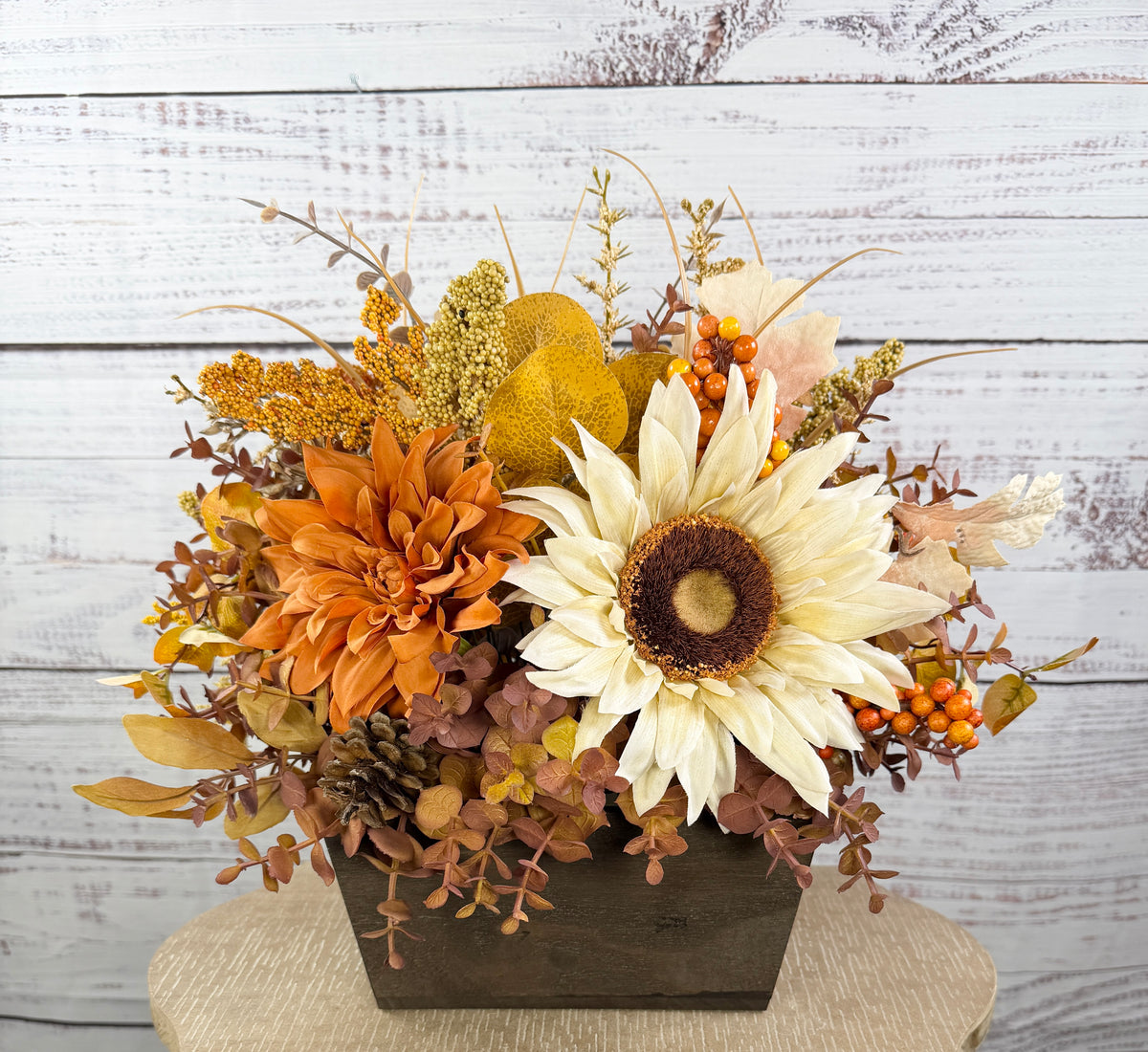 October Sun – Fall Sunflower Wood Trough Arrangement