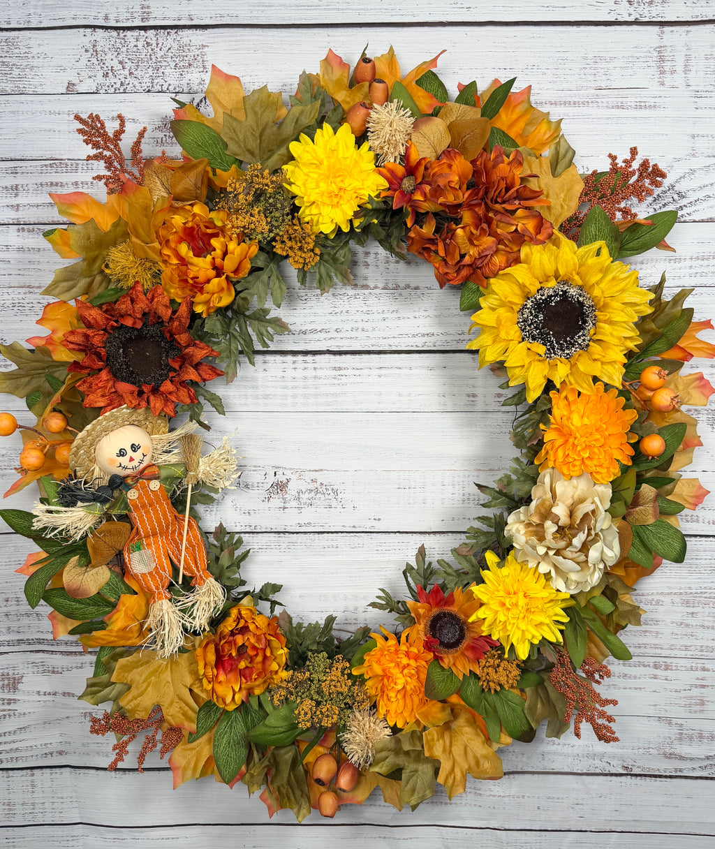 Oversized Scarecrow Sunflower Fall Wreath | Orange, Yellow, Rust & Cream | 34” Round