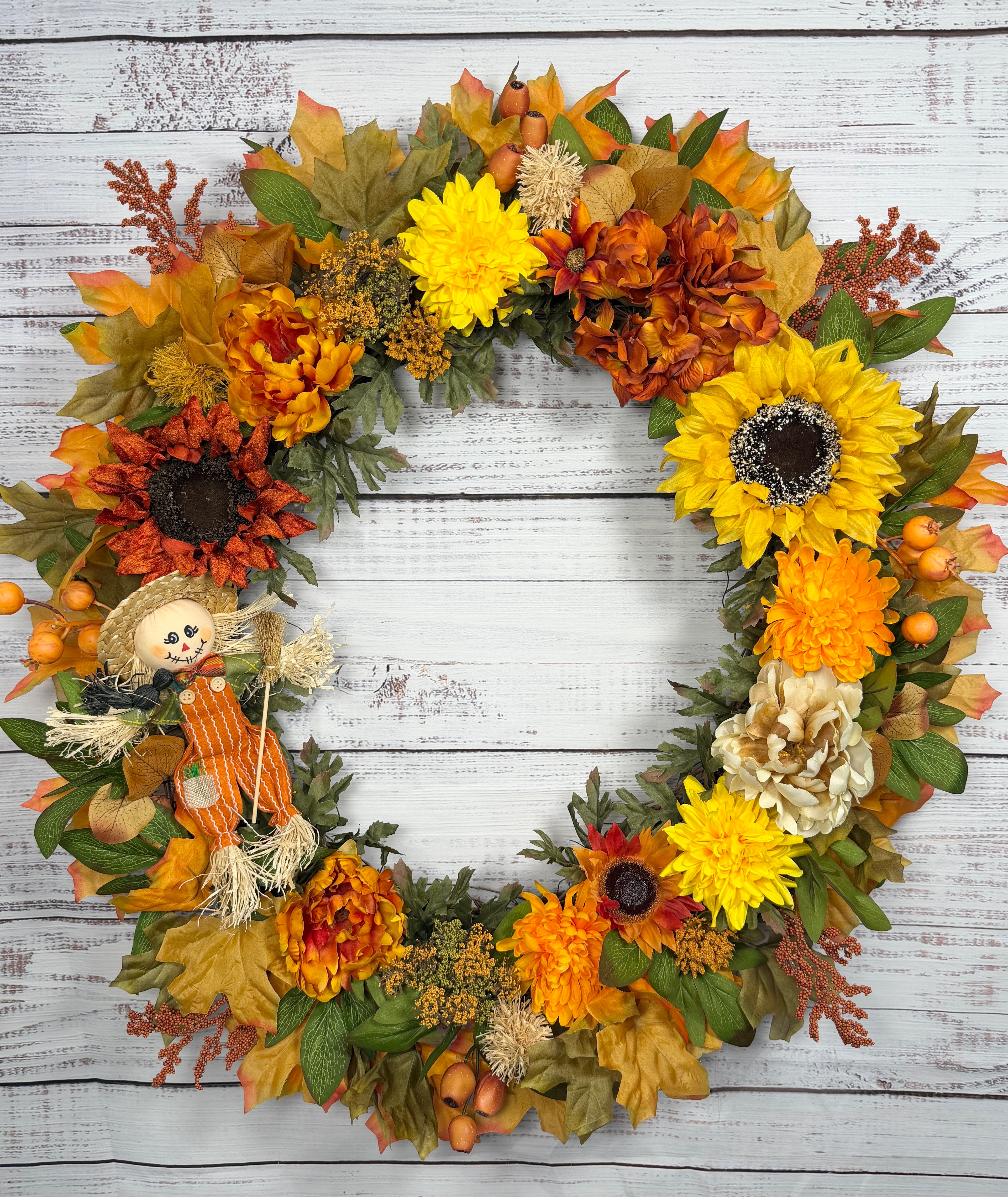Oversized Scarecrow Sunflower Fall Wreath | Orange, Yellow, Rust & Cream | 34” Round