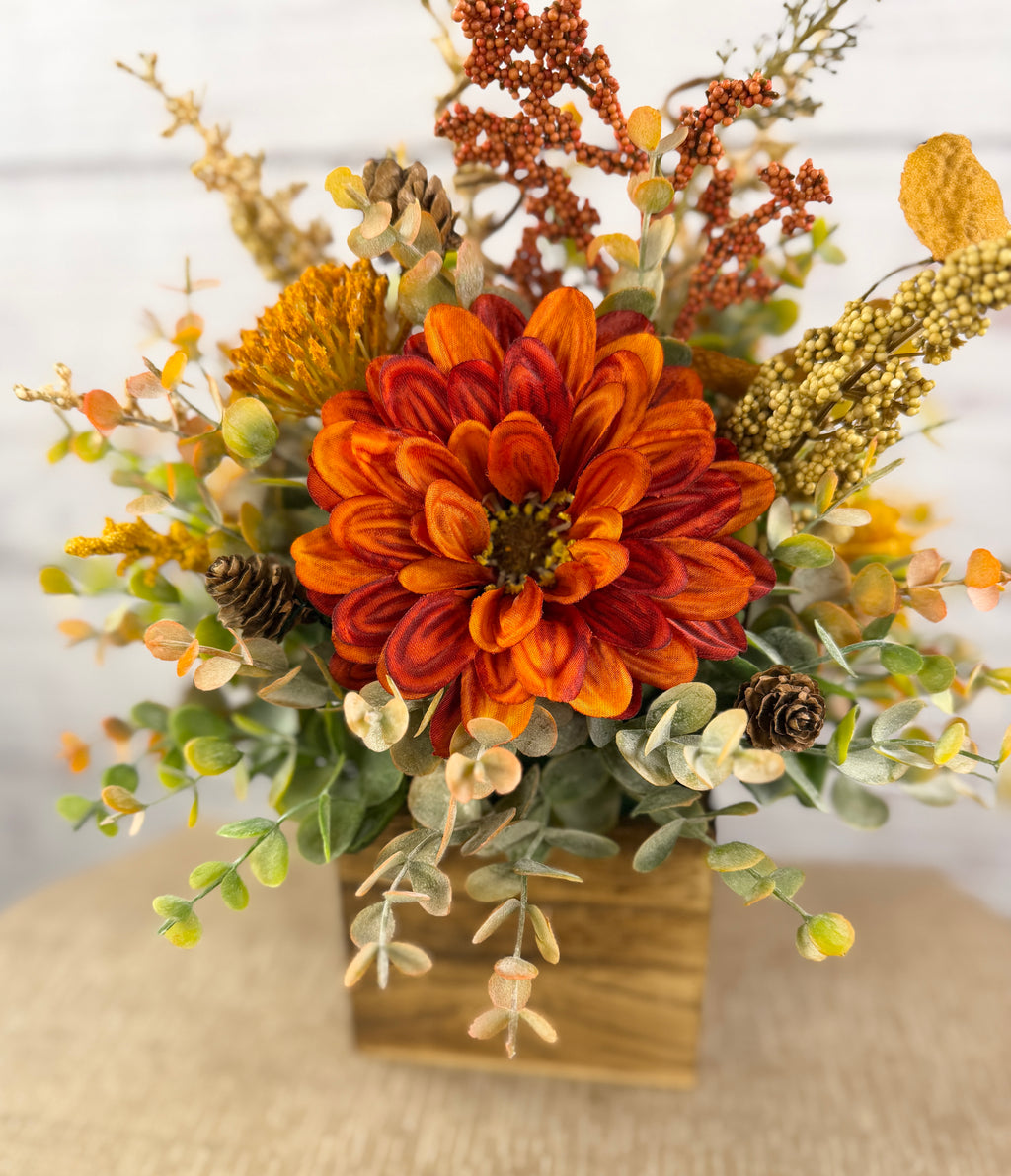 Copper Grove Fall Floral Arrangement in Wood Cube Box