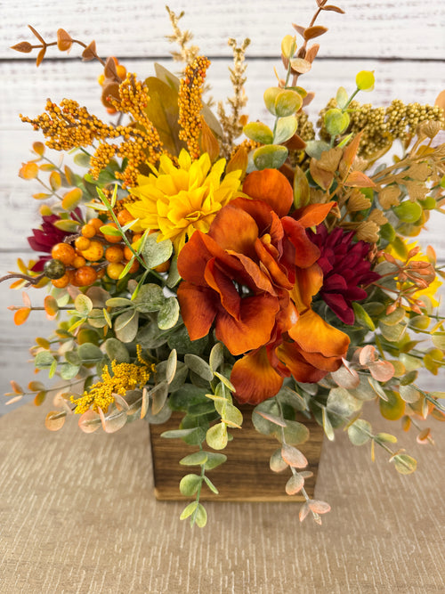 Autumn Grove Fall Floral Arrangement | Wood Cube Centerpiece