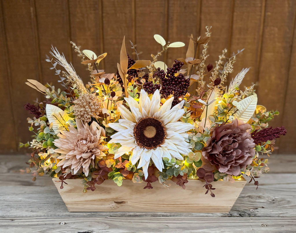 Lighted Sunflower Fall Floral Arrangement – Burgundy & Mauve Wood Trough