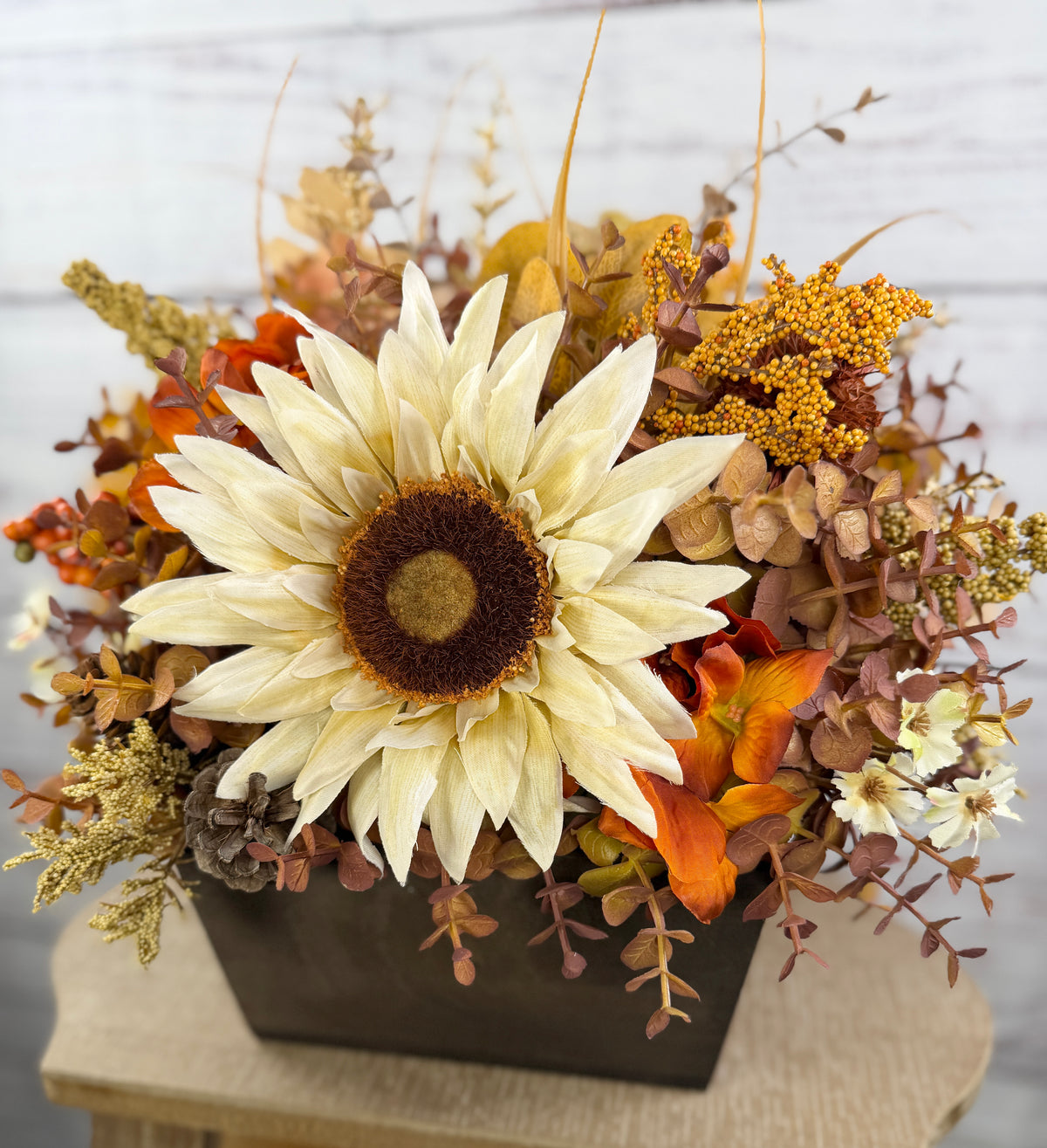October Sun – Fall Sunflower Wood Trough Arrangement
