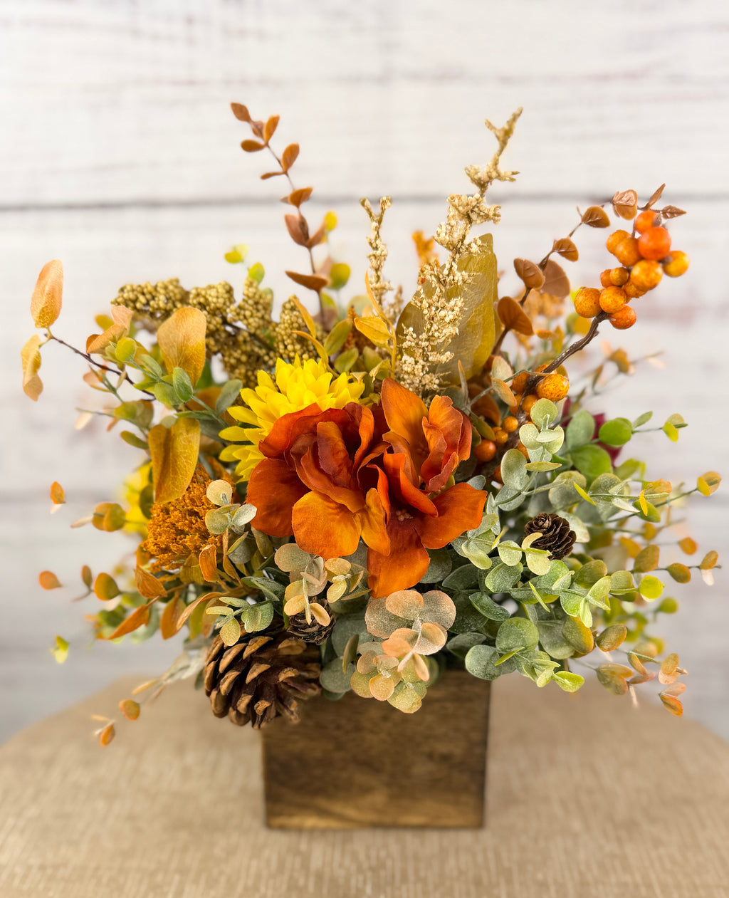 Autumn Grove Fall Floral Arrangement | Wood Cube Centerpiece