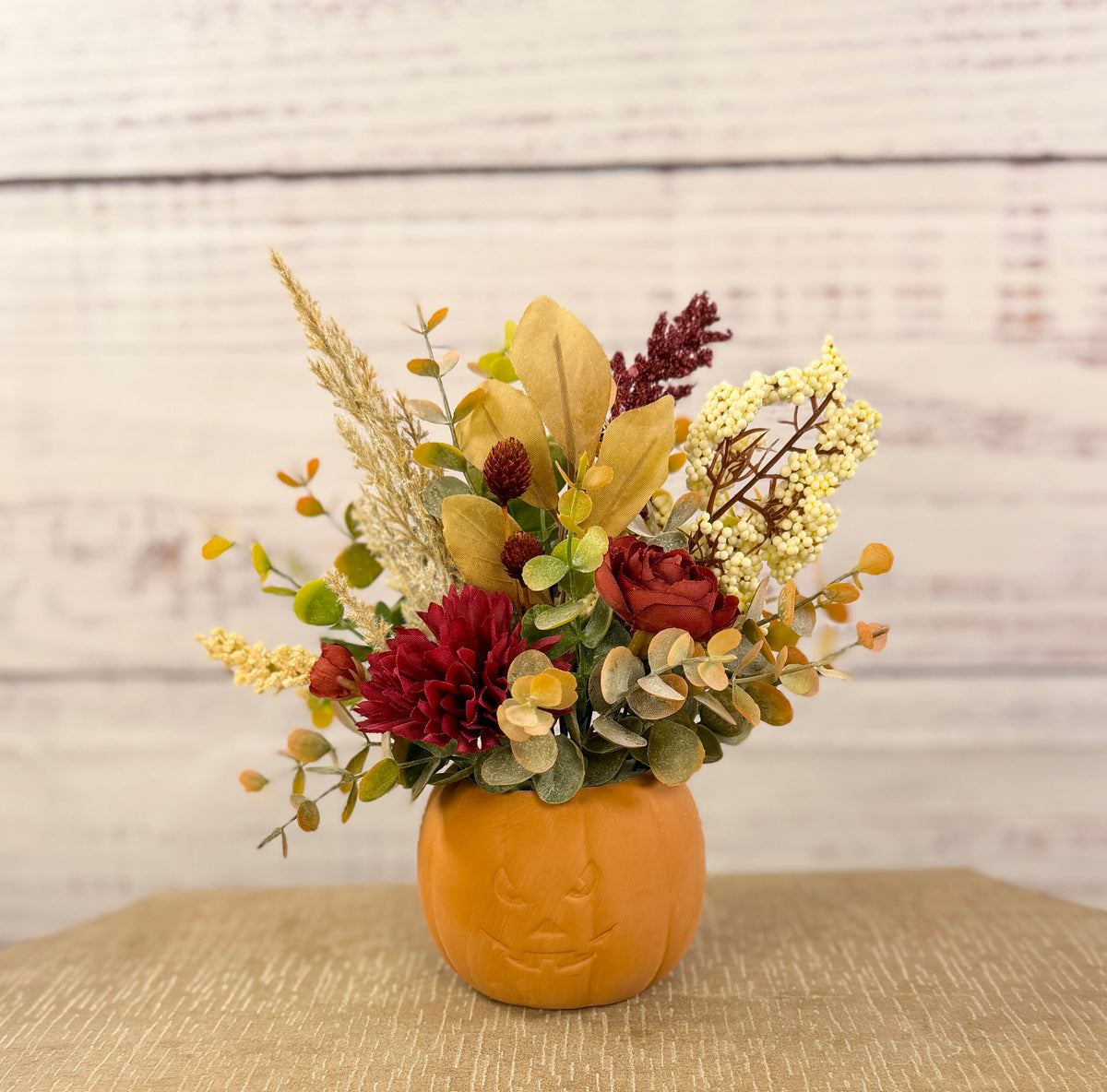 Burgundy Pumpkin Patch – Terracotta Pumpkin Fall Floral Arrangement