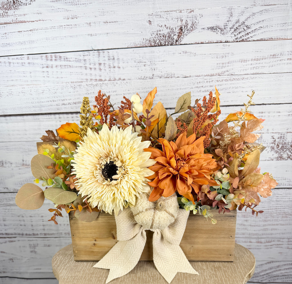 Harvest Haven Fall Wood Trough Arrangement