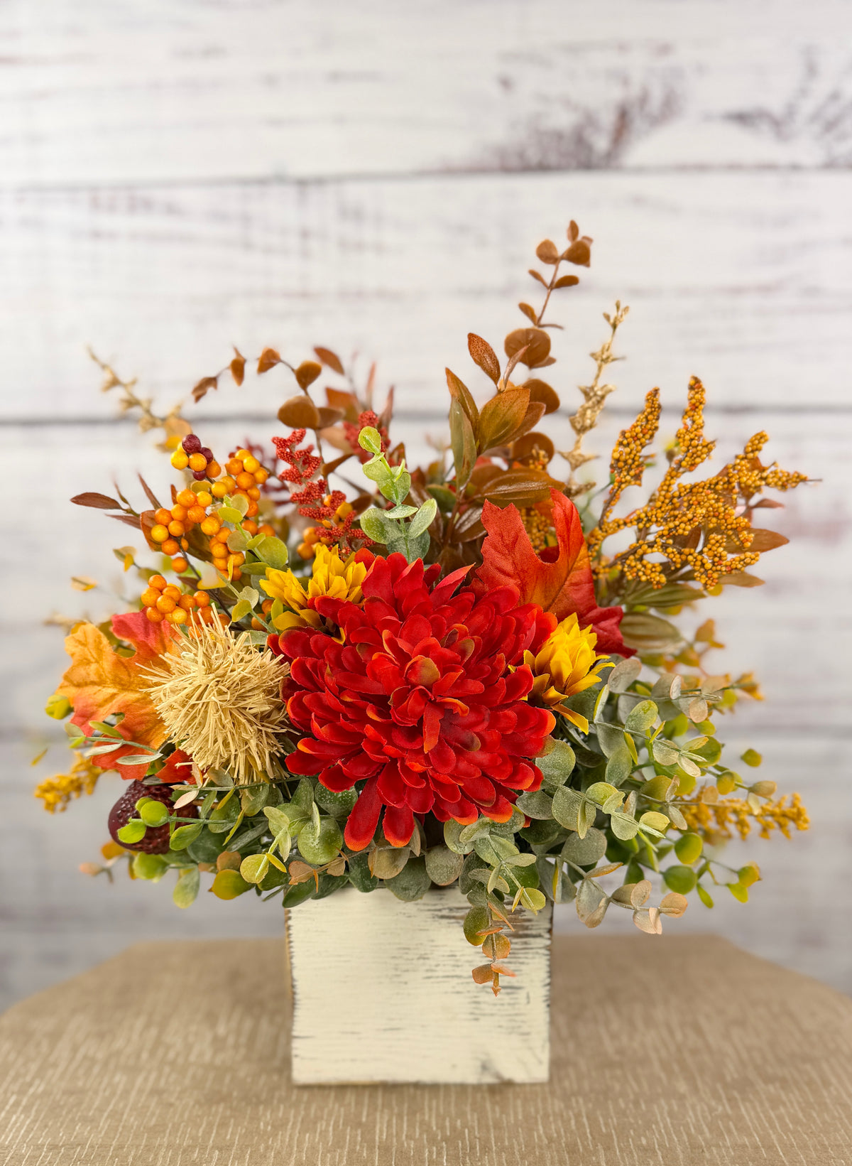 Crimson Harvest – Rustic Fall Floral Arrangement in White Wood Cube