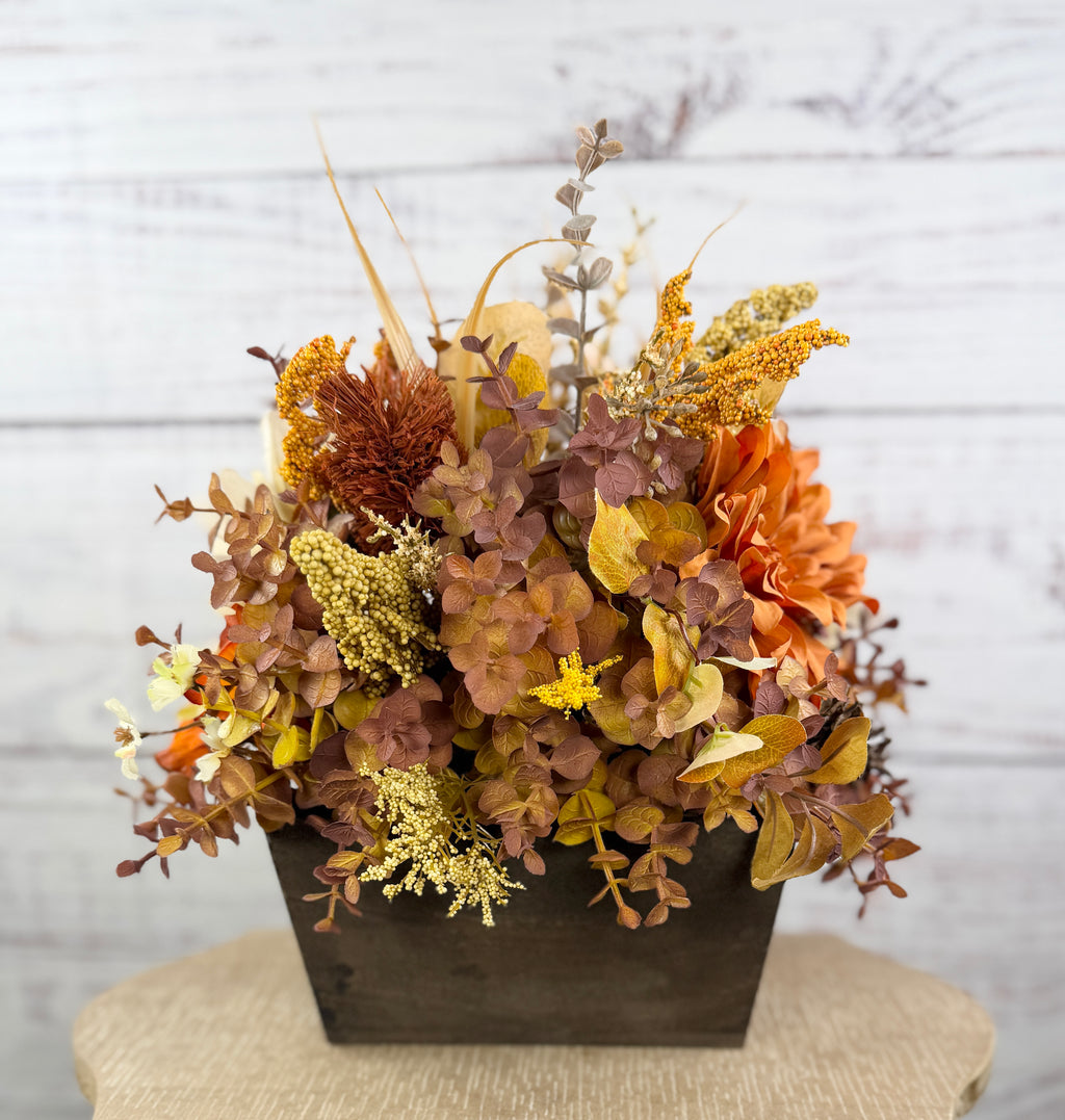October Sun – Fall Sunflower Wood Trough Arrangement