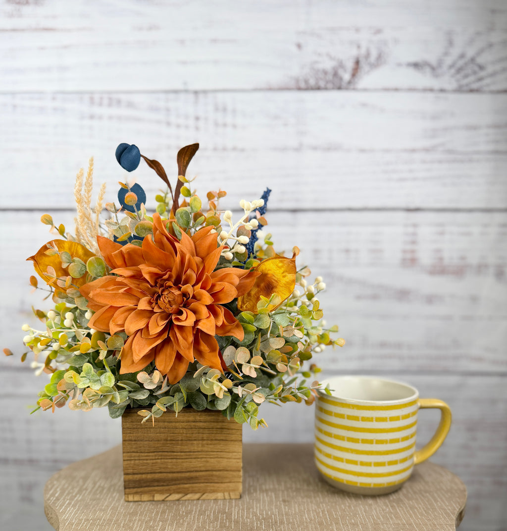 Copper Meadow Fall Floral Arrangement in Wood Cube