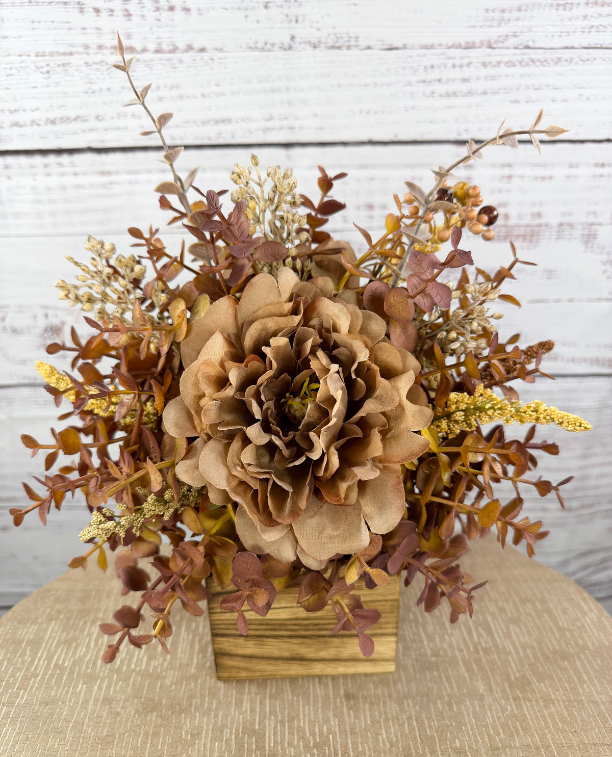 Autumn Mocha Fall Floral Arrangement – Rustic Wood Cube Centerpiece
