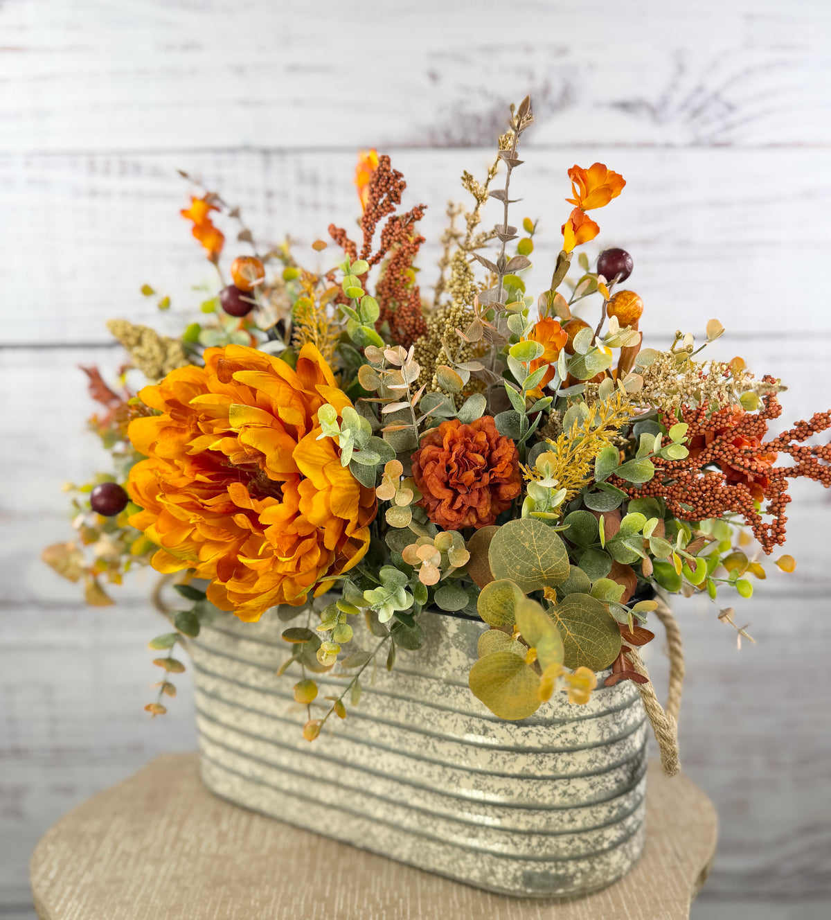 Golden Prairie – Fall Floral Arrangement in Rustic Galvanized Oval Bucket