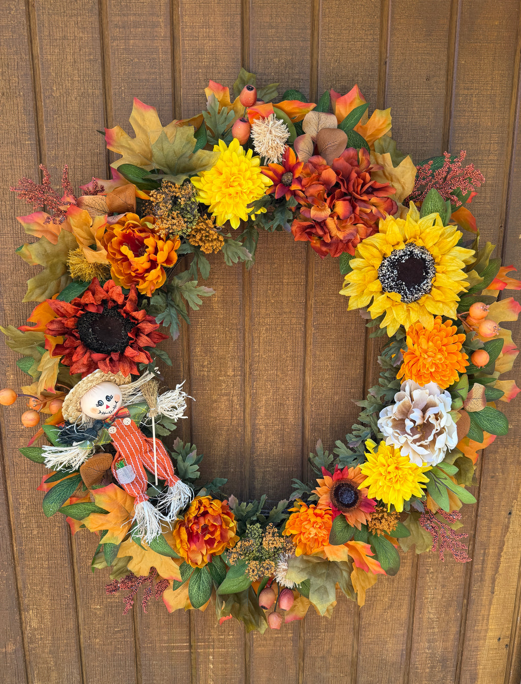Oversized Scarecrow Sunflower Fall Wreath | Orange, Yellow, Rust & Cream | 34” Round