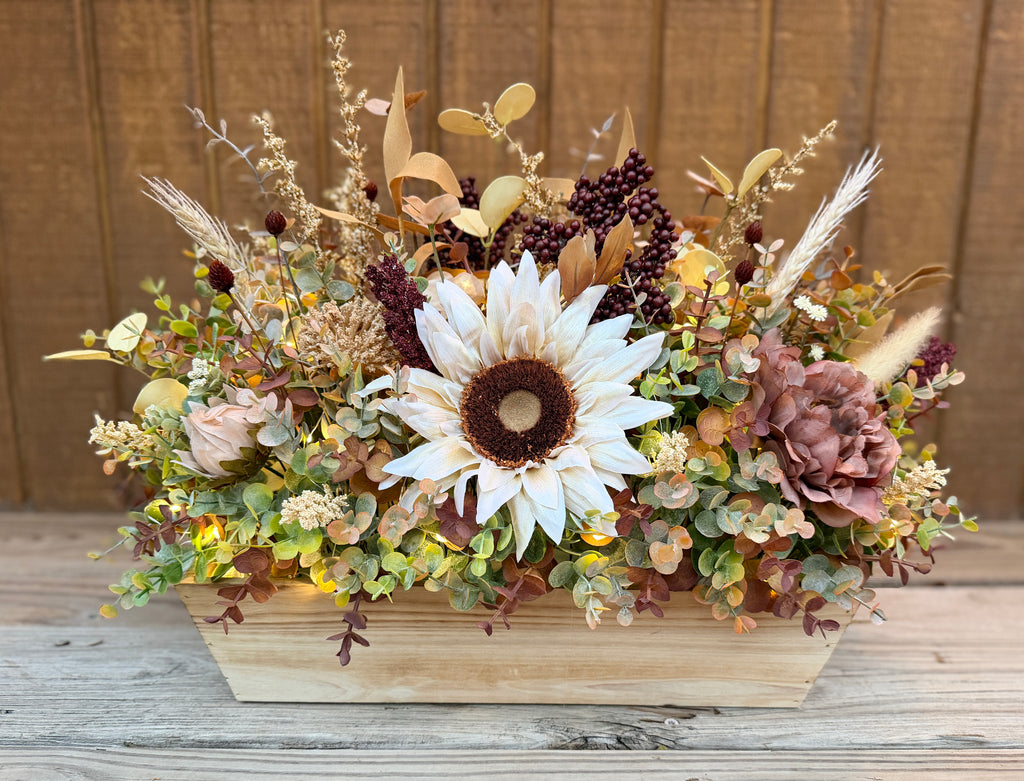 Lighted Sunflower Fall Floral Arrangement – Burgundy & Mauve Wood Trough