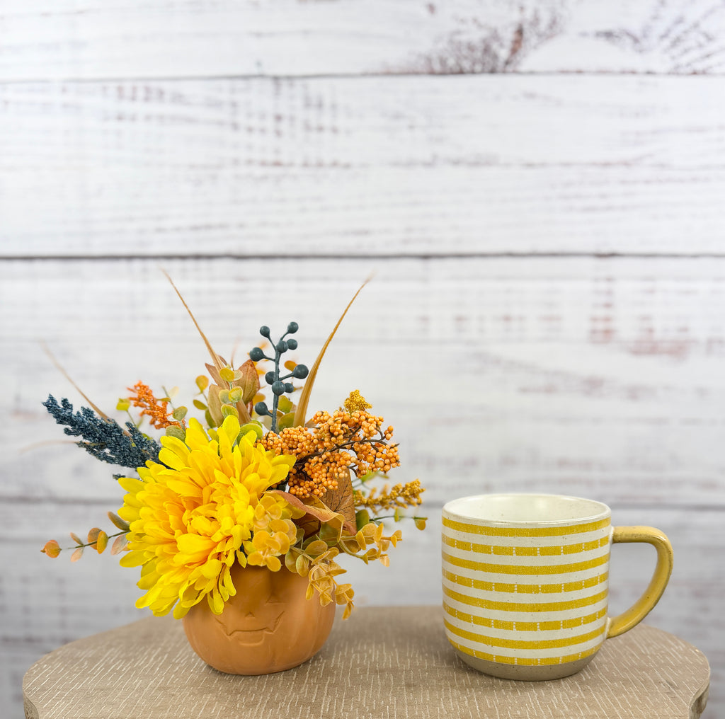 Golden Pumpkin Patch – Terracotta Pumpkin Fall Floral Arrangement