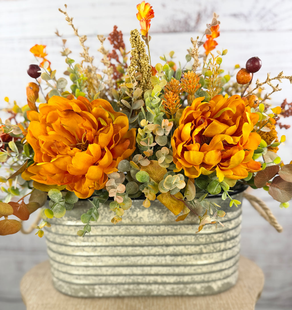 Golden Prairie – Fall Floral Arrangement in Rustic Galvanized Oval Bucket