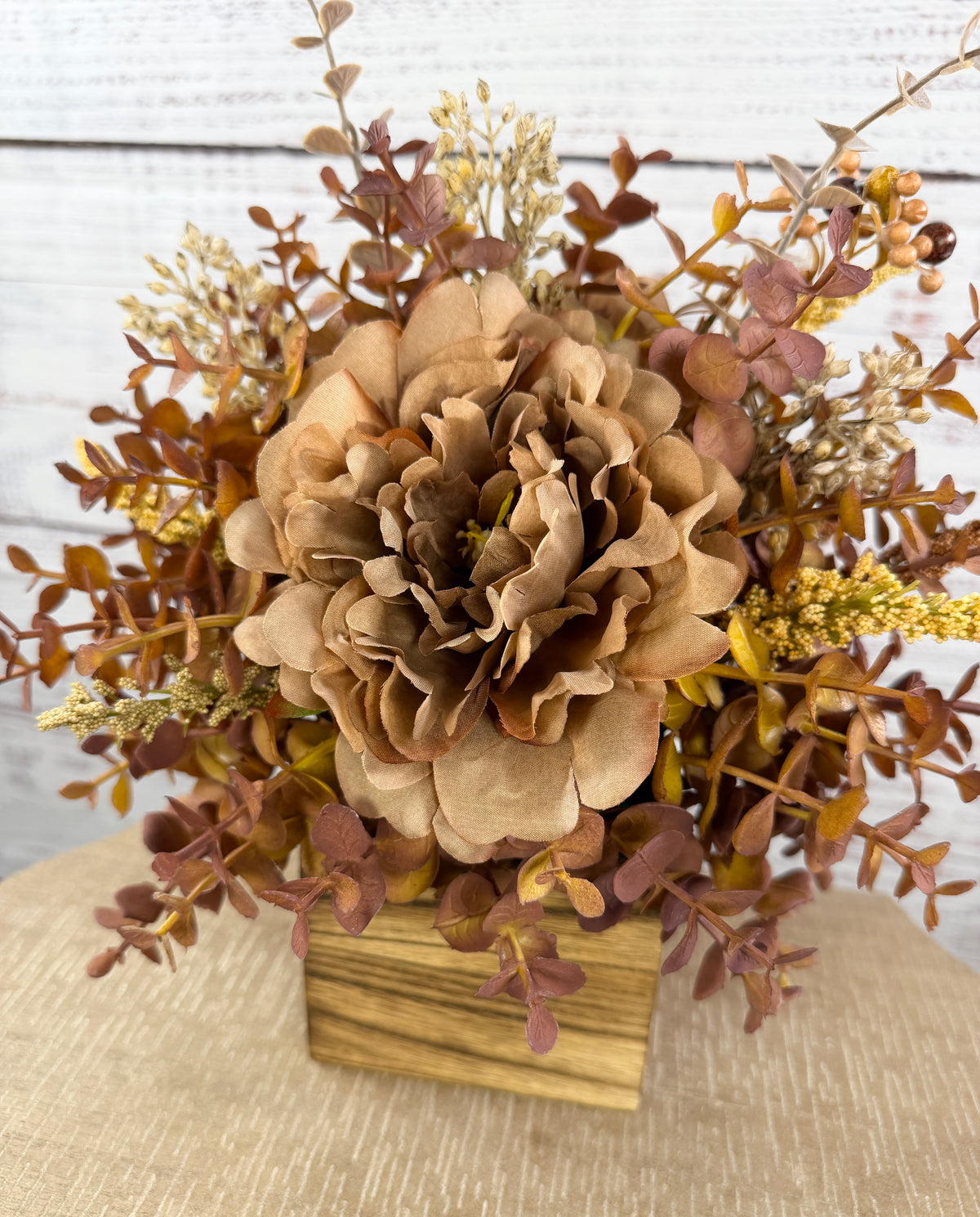 Autumn Mocha Fall Floral Arrangement – Rustic Wood Cube Centerpiece