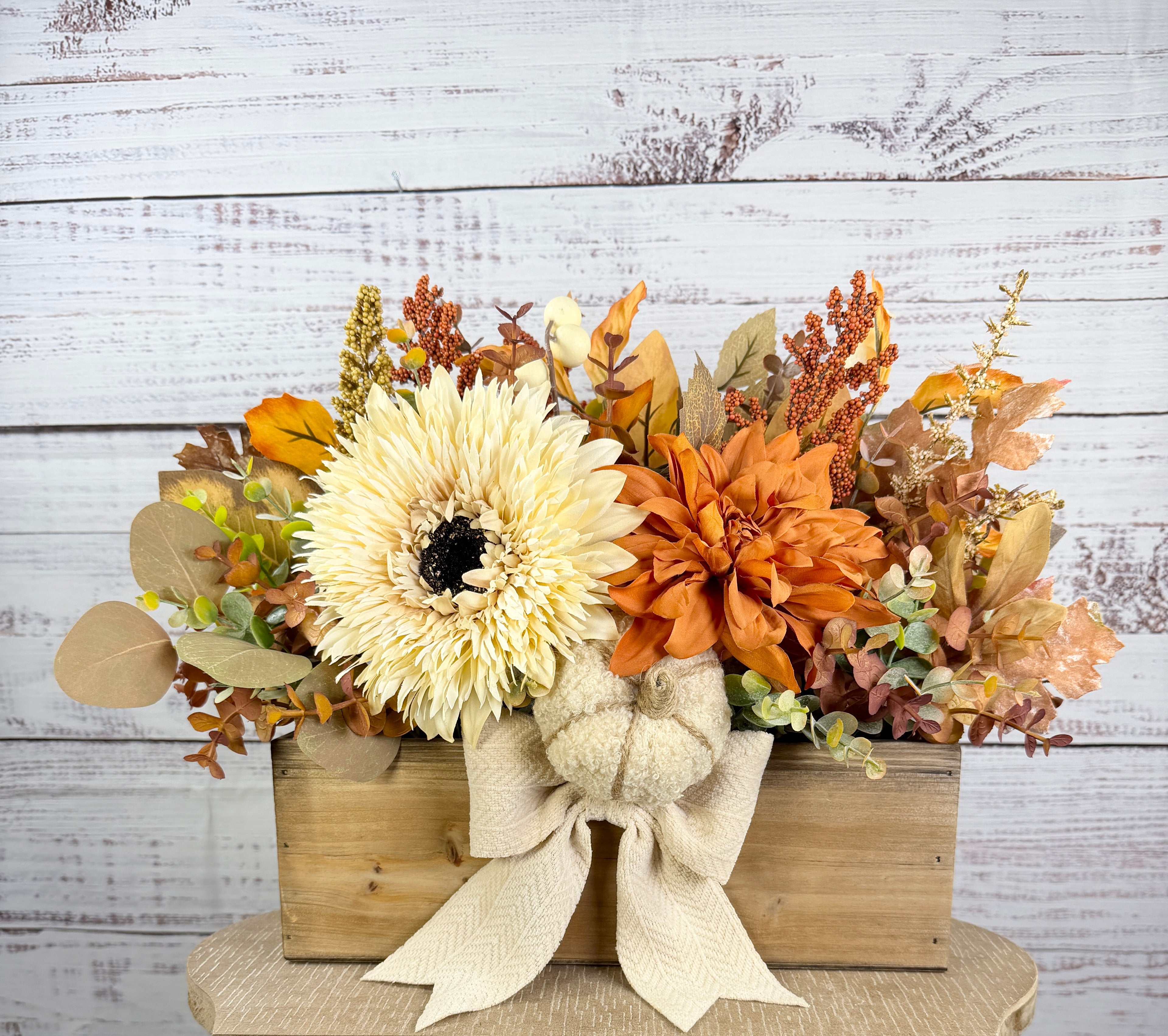 Harvest Haven Fall Wood Trough Arrangement
