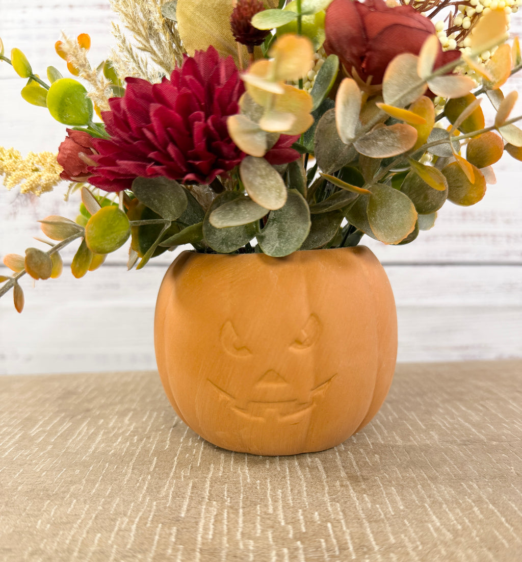 Burgundy Pumpkin Patch – Terracotta Pumpkin Fall Floral Arrangement