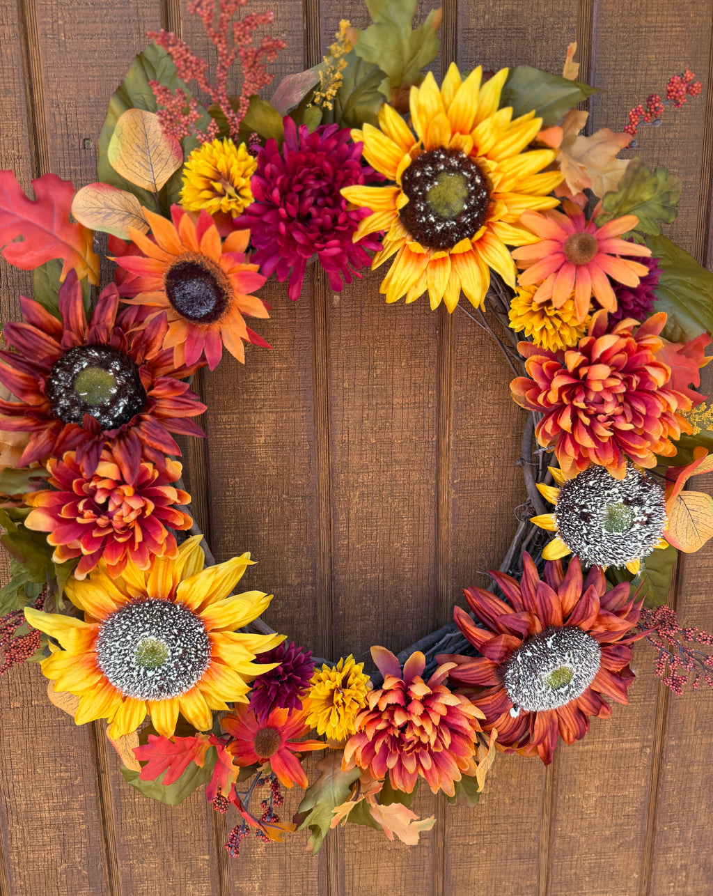 Sunflower Fall Floral Wreath | Orange, Yellow & Burgundy | 27" Round