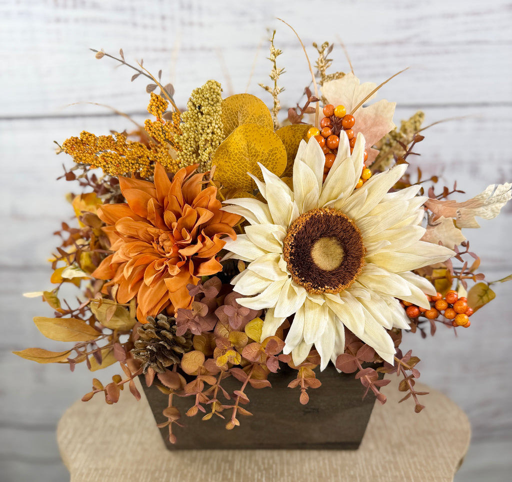 October Sun – Fall Sunflower Wood Trough Arrangement