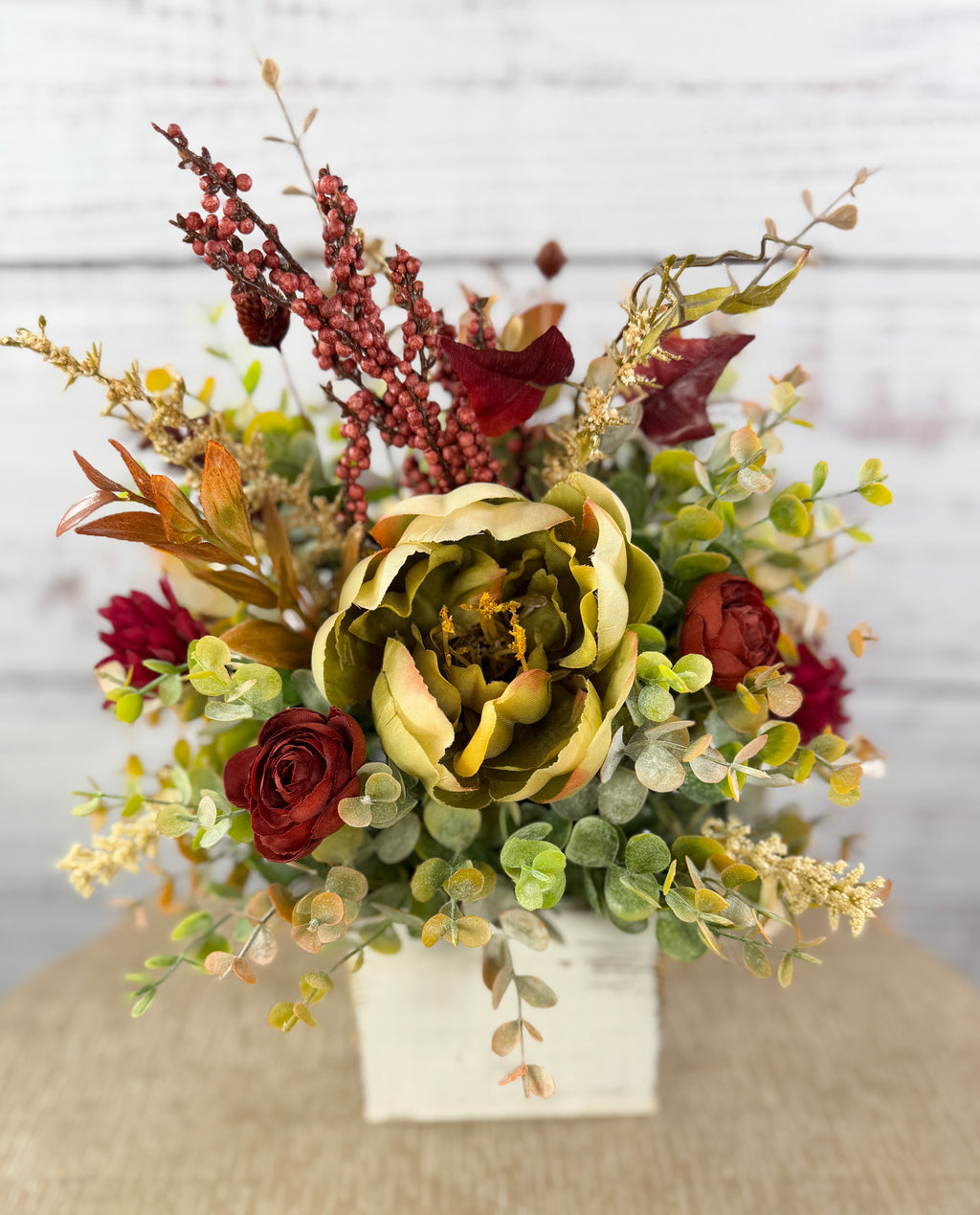 Cottage Crimson – Fall Floral Arrangement in Distressed Wood Cube