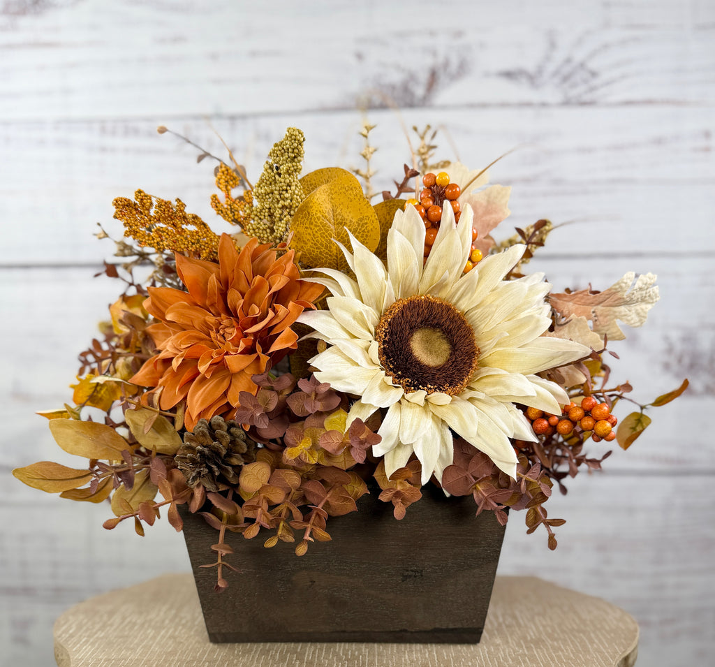 October Sun – Fall Sunflower Wood Trough Arrangement