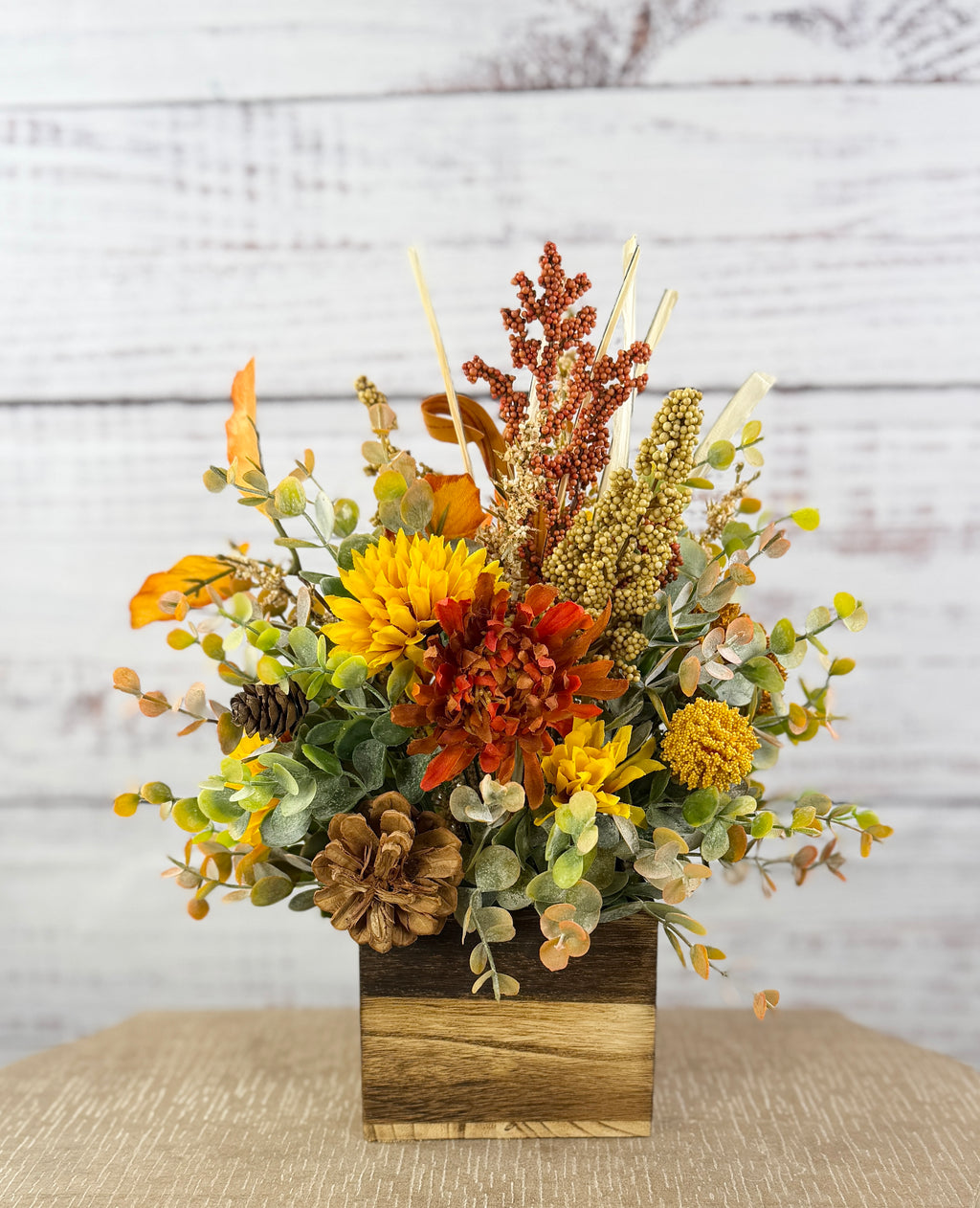 Cider Bloom – Fall Floral Arrangement in Wood Cube Box