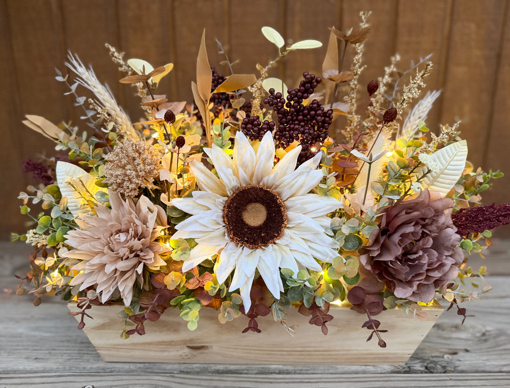Lighted Sunflower Fall Floral Arrangement – Burgundy & Mauve Wood Trough