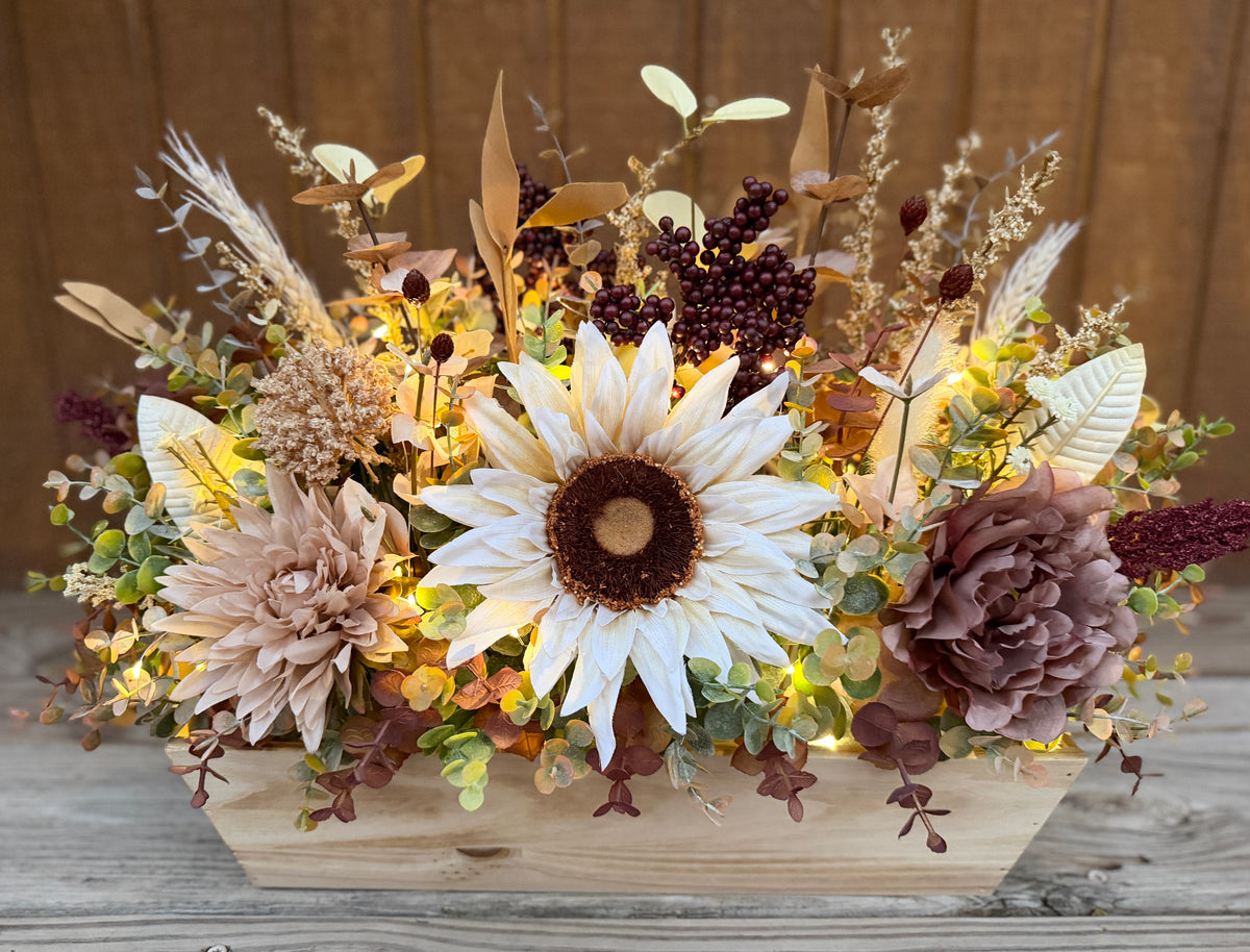Lighted Sunflower Fall Floral Arrangement – Burgundy & Mauve Wood Trough