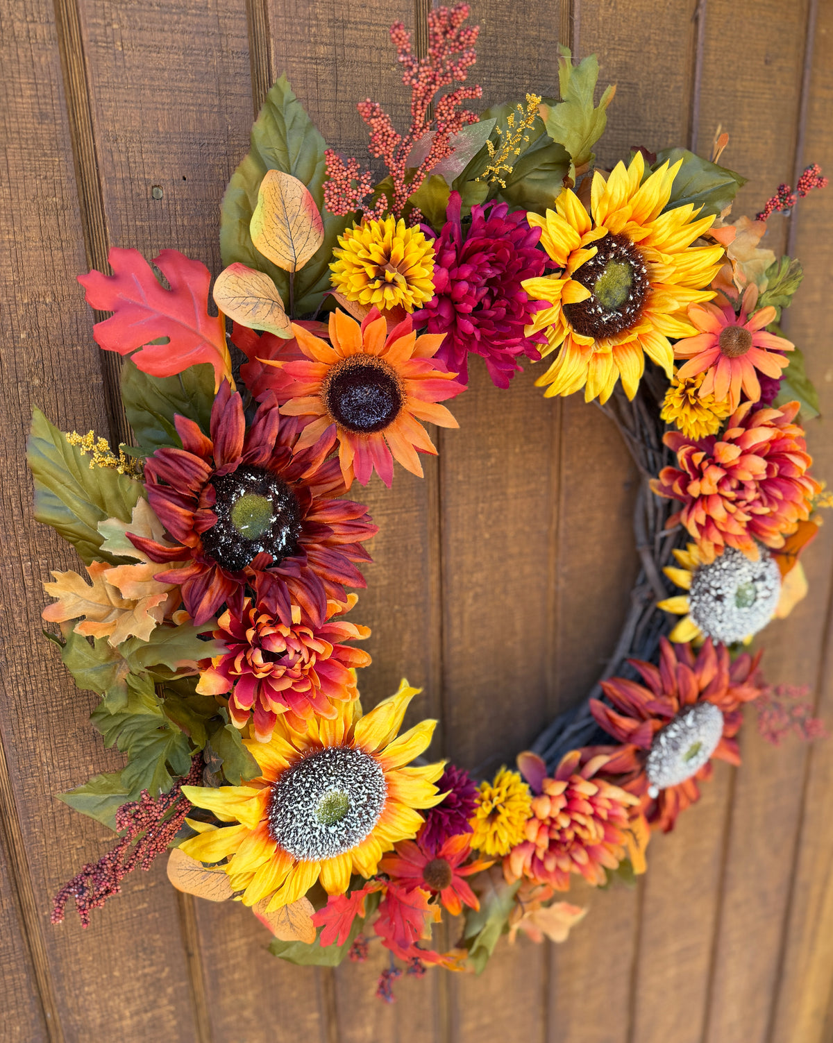 Sunflower Fall Floral Wreath | Orange, Yellow & Burgundy | 27" Round