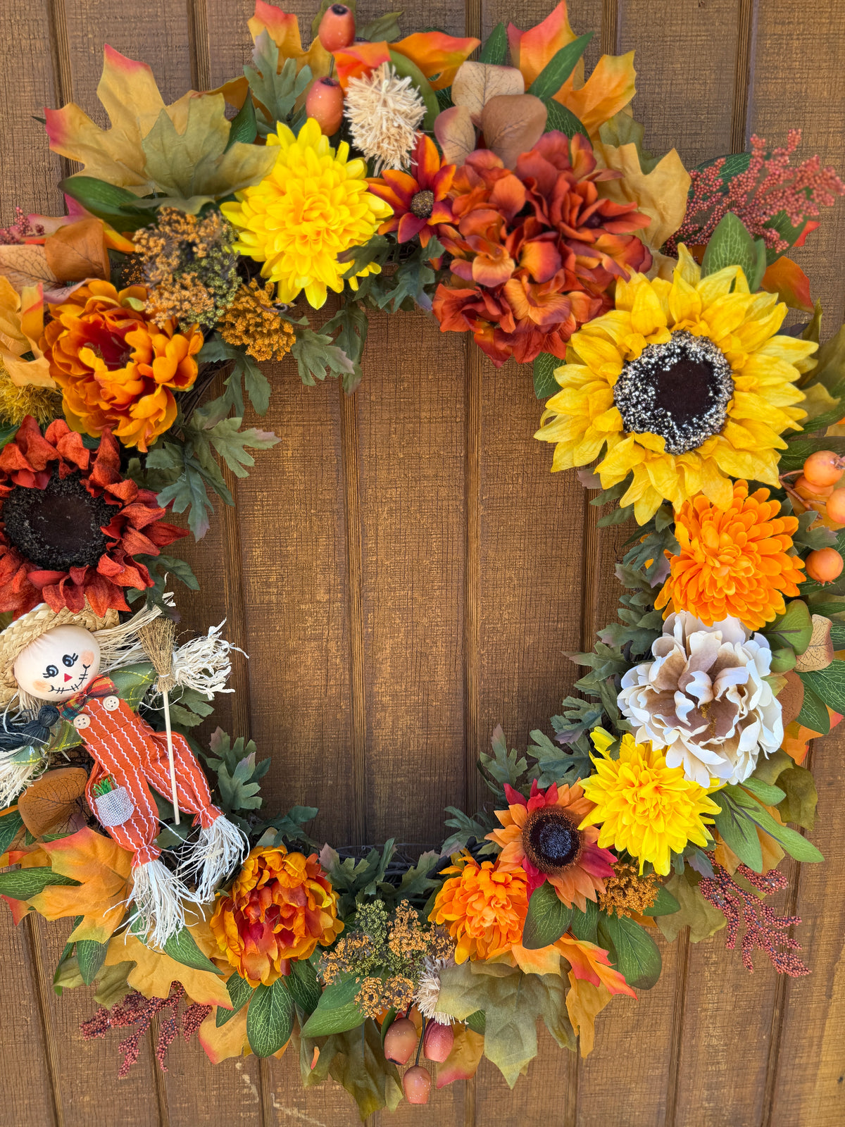 Oversized Scarecrow Sunflower Fall Wreath | Orange, Yellow, Rust & Cream | 34” Round