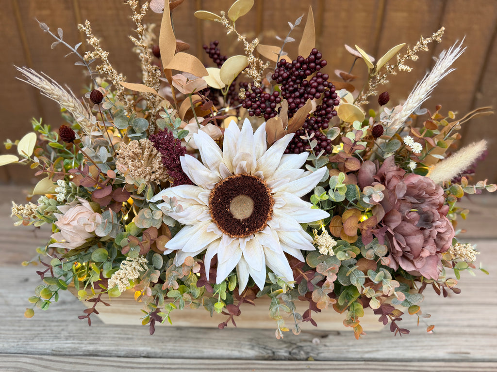Lighted Sunflower Fall Floral Arrangement – Burgundy & Mauve Wood Trough