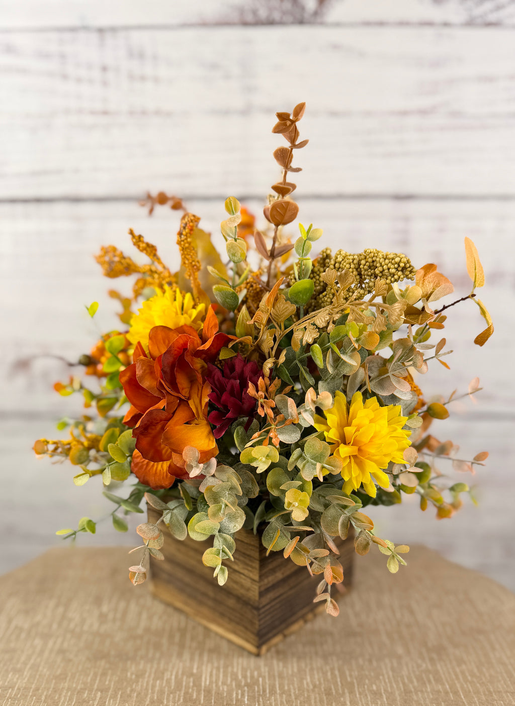 Autumn Grove Fall Floral Arrangement | Wood Cube Centerpiece