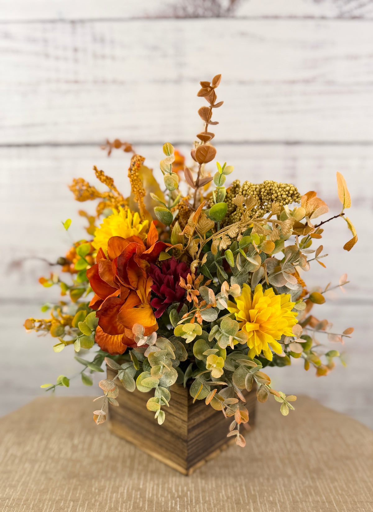 Autumn Grove Fall Floral Arrangement | Wood Cube Centerpiece