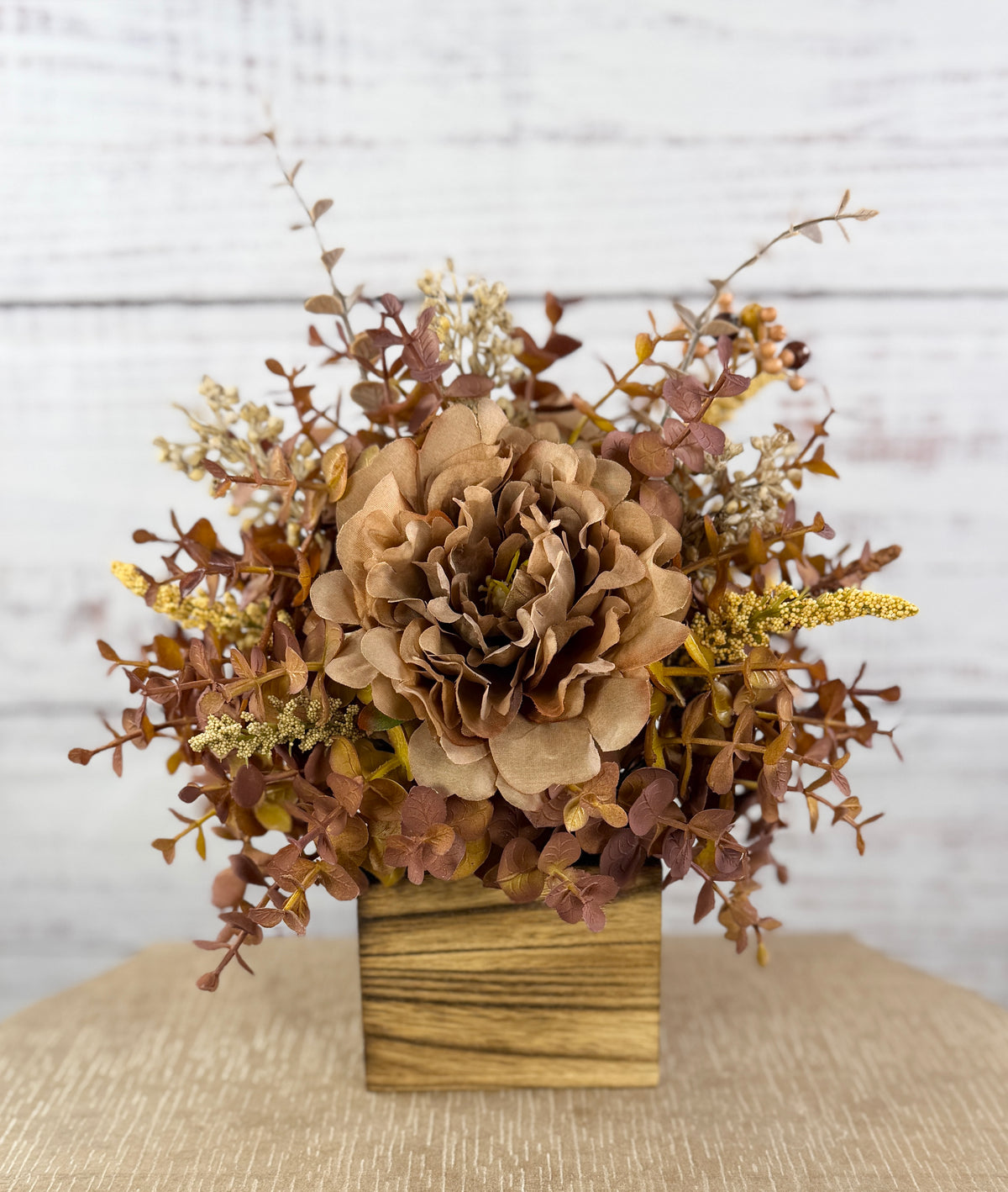 Autumn Mocha Fall Floral Arrangement – Rustic Wood Cube Centerpiece