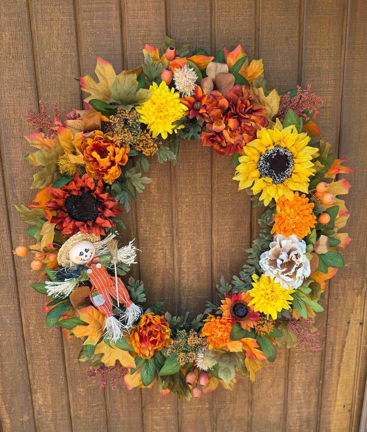 Oversized Scarecrow Sunflower Fall Wreath | Orange, Yellow, Rust & Cream | 34” Round