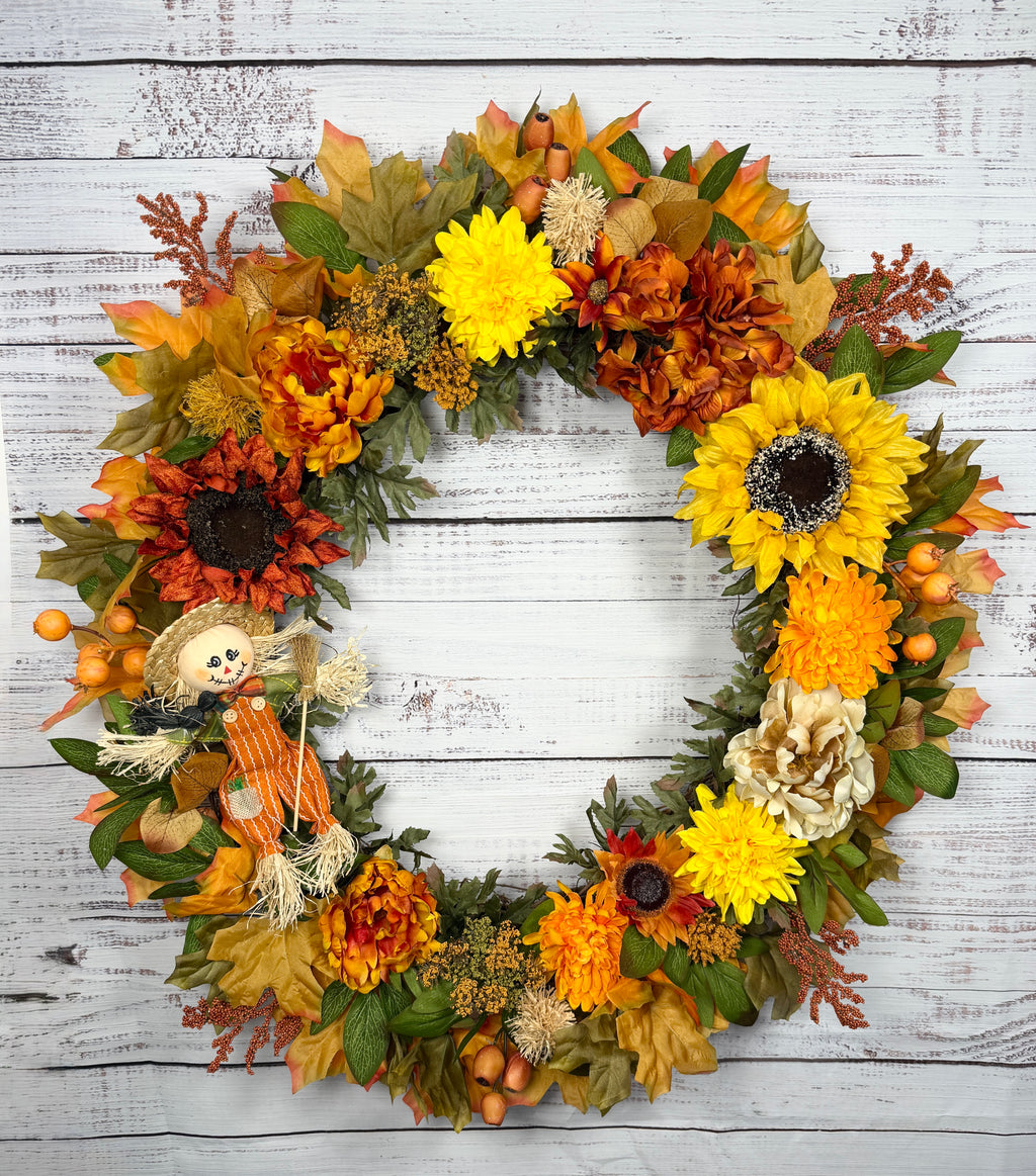 Oversized Scarecrow Sunflower Fall Wreath | Orange, Yellow, Rust & Cream | 34” Round