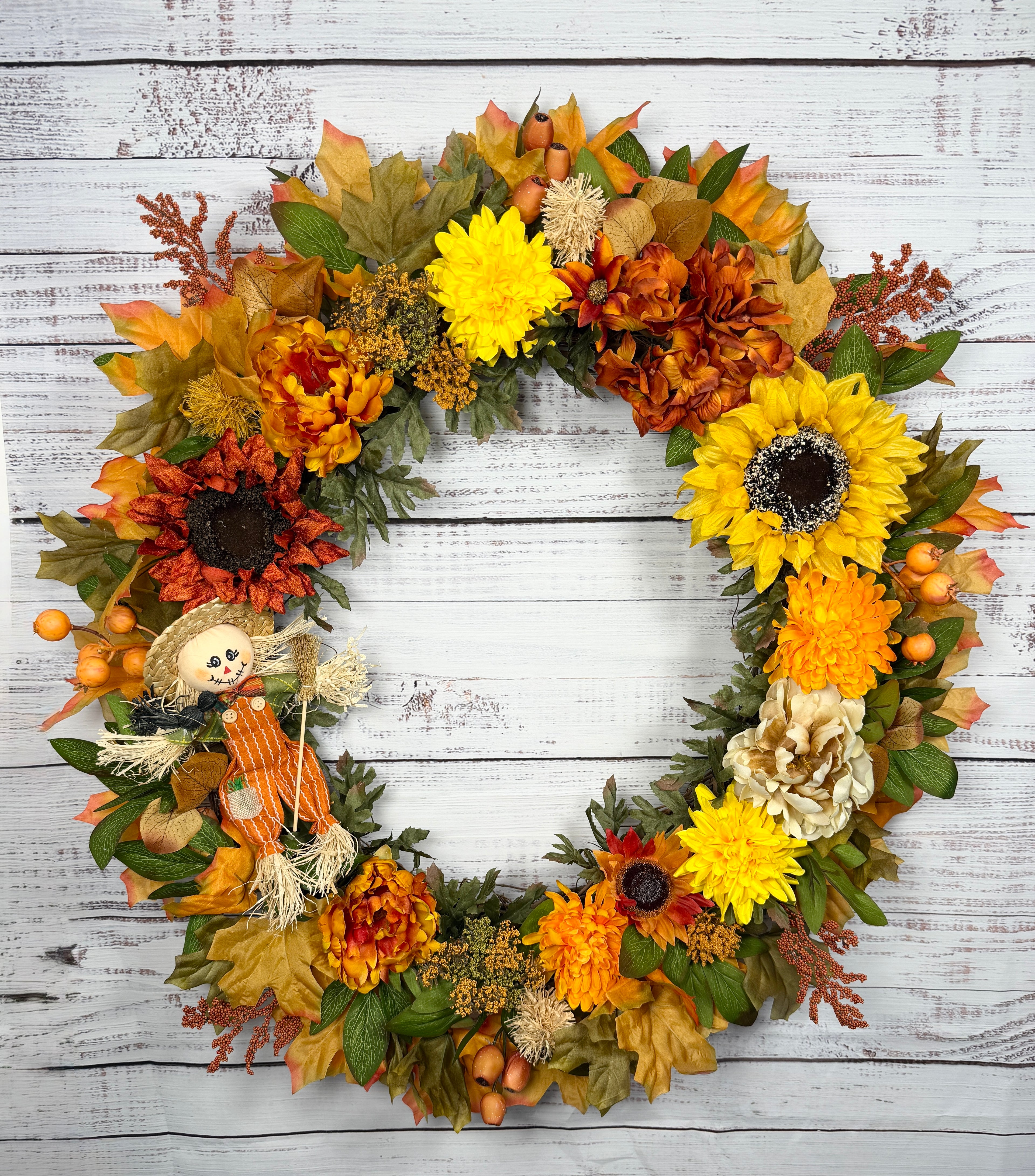 Oversized Scarecrow Sunflower Fall Wreath | Orange, Yellow, Rust & Cream | 34” Round