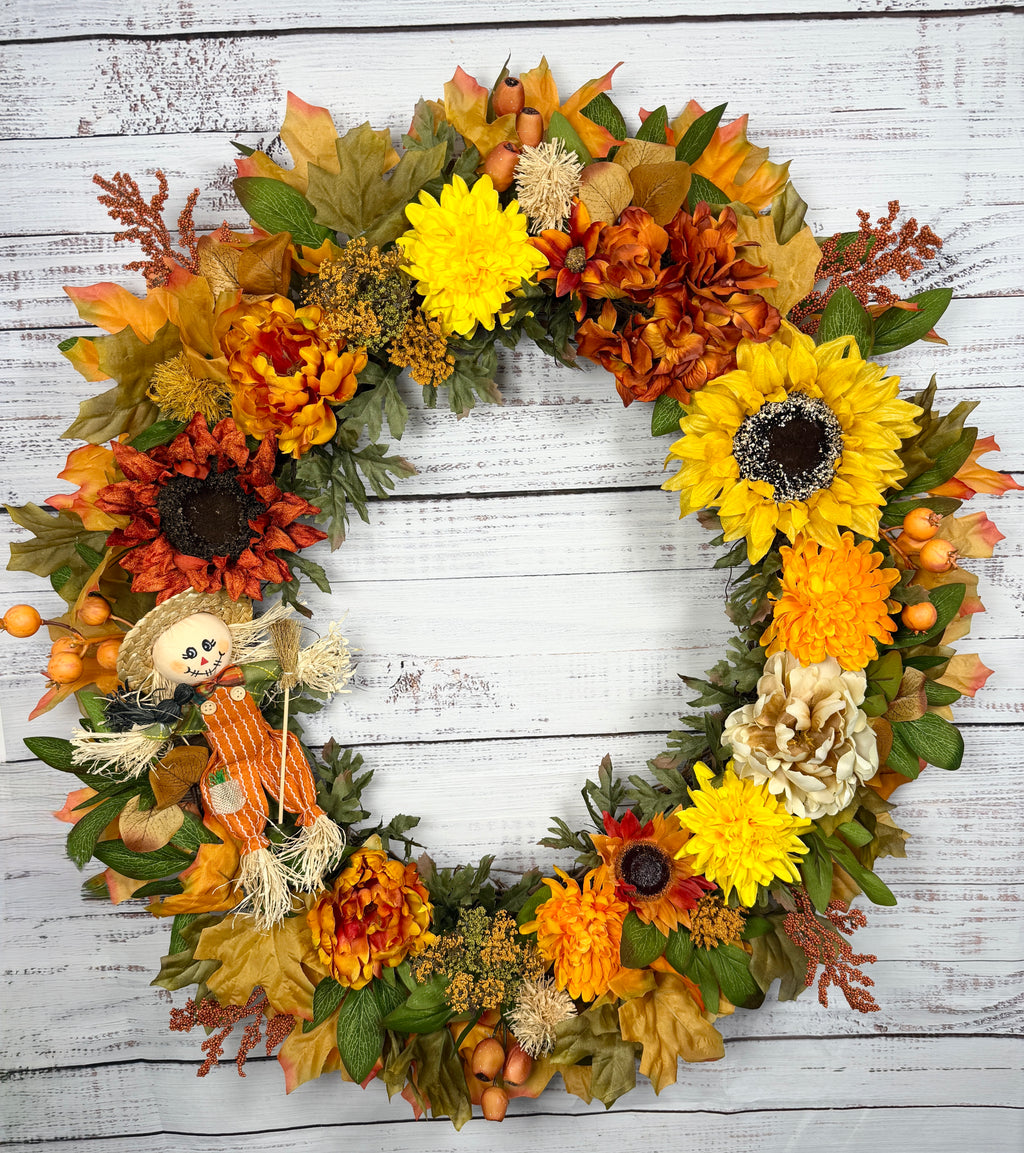 Oversized Scarecrow Sunflower Fall Wreath | Orange, Yellow, Rust & Cream | 34” Round