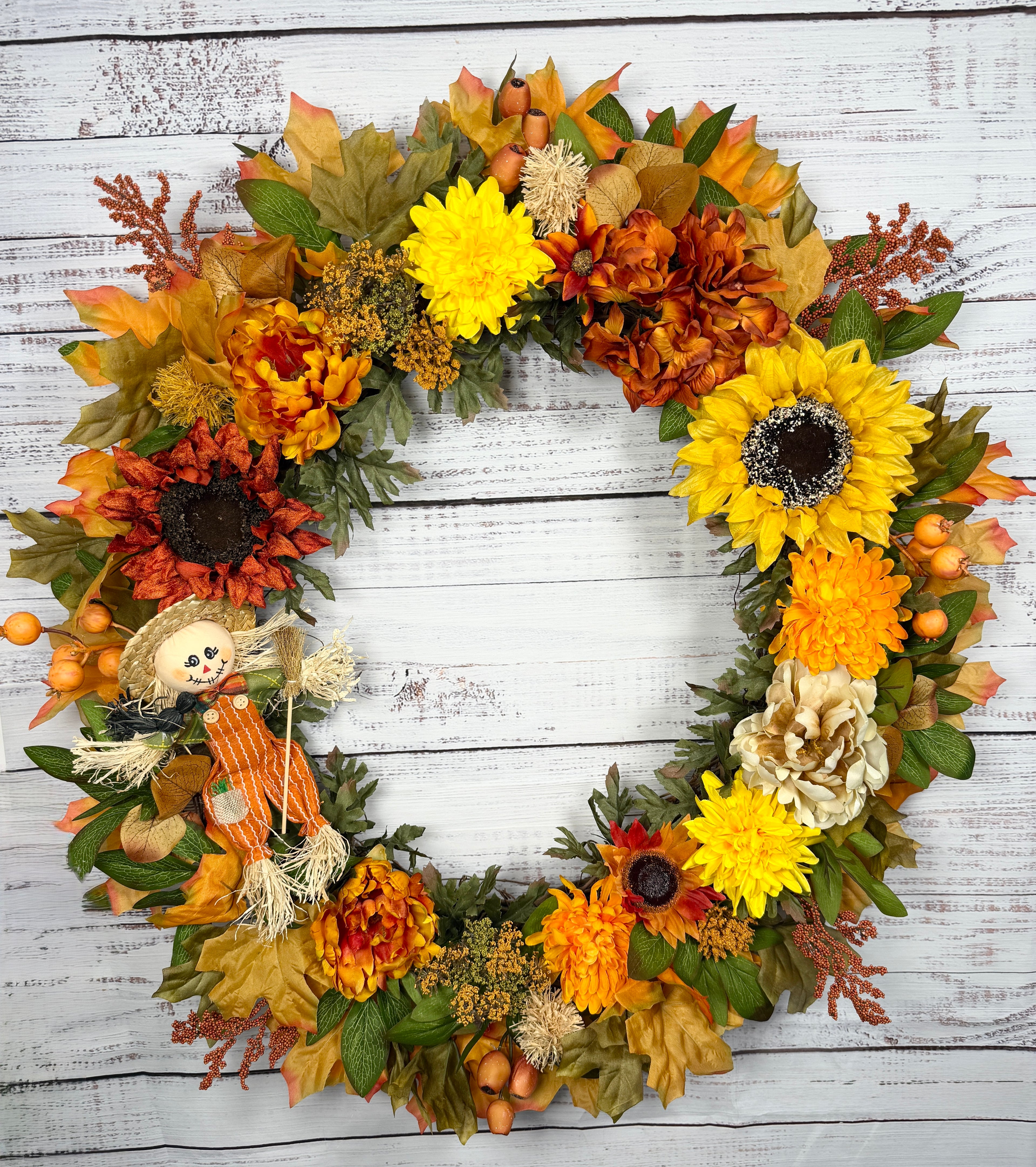 Oversized Scarecrow Sunflower Fall Wreath | Orange, Yellow, Rust & Cream | 34” Round