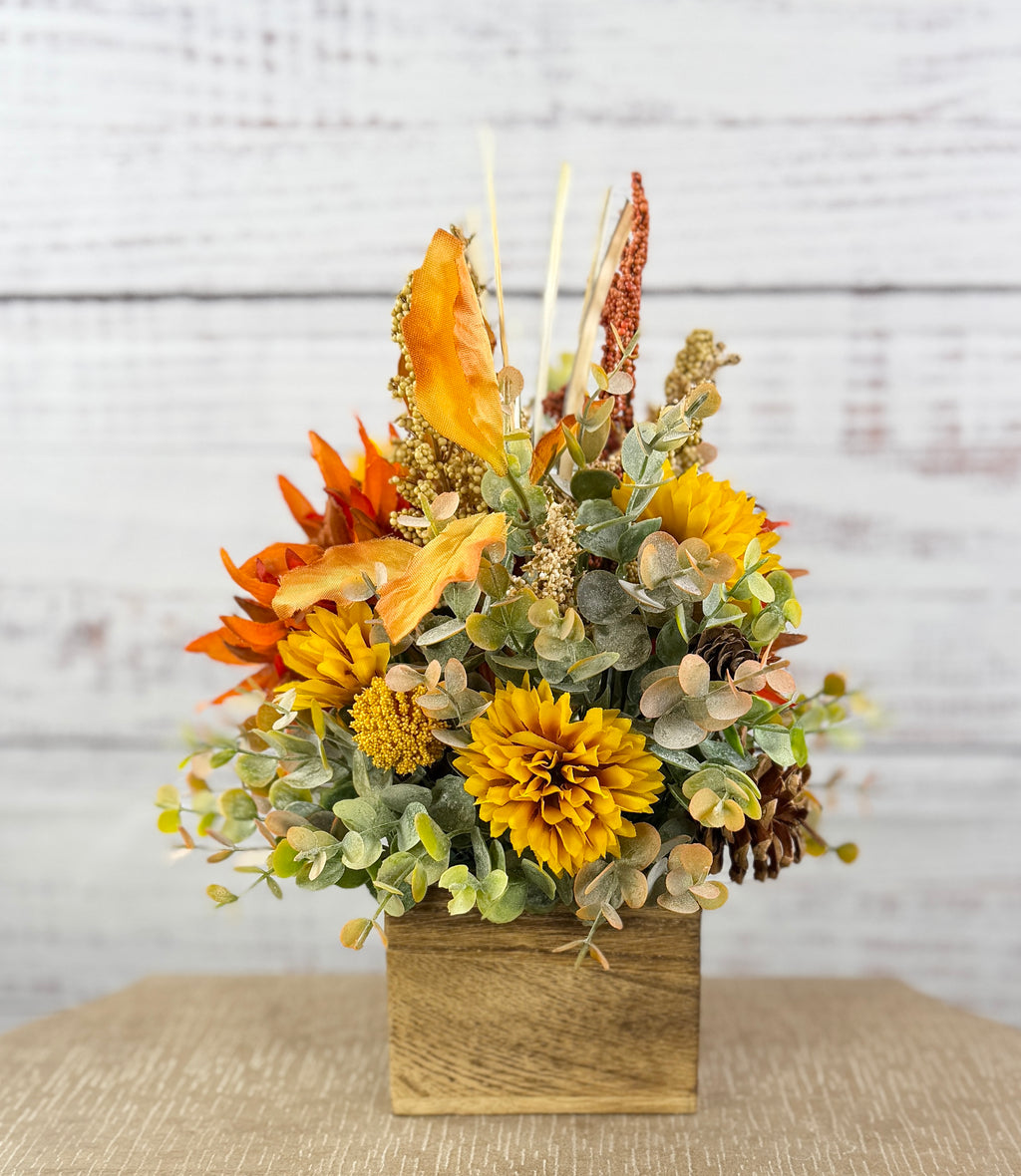 Cider Bloom – Fall Floral Arrangement in Wood Cube Box