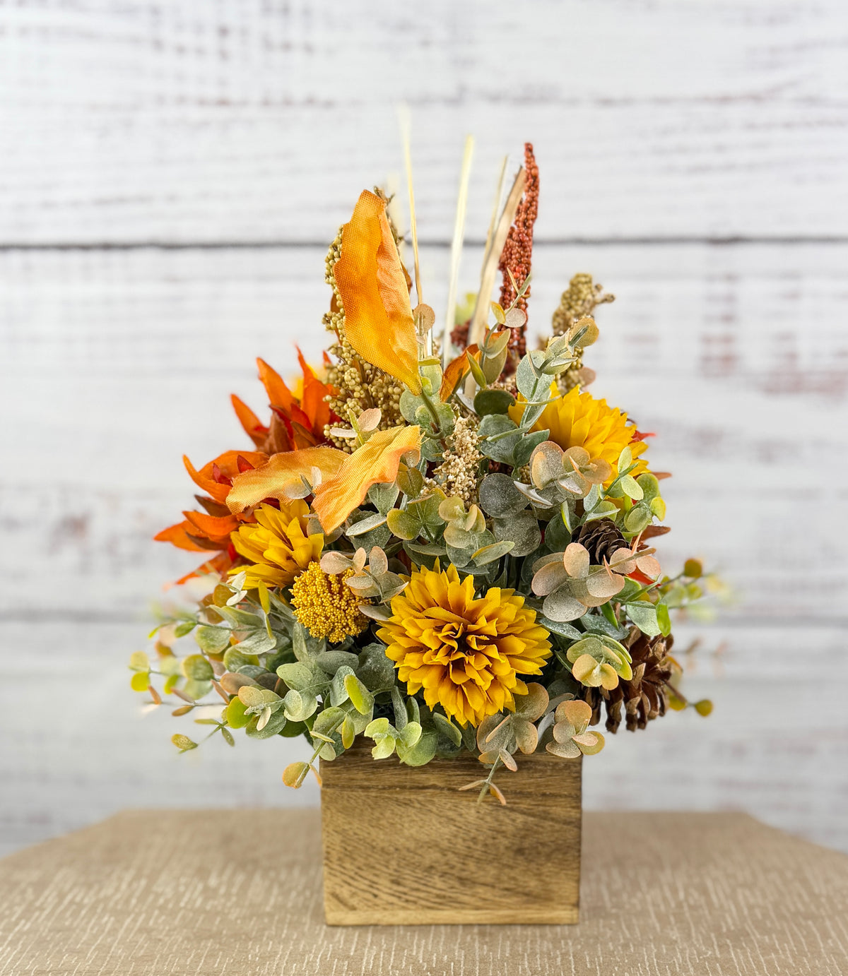 Cider Bloom – Fall Floral Arrangement in Wood Cube Box