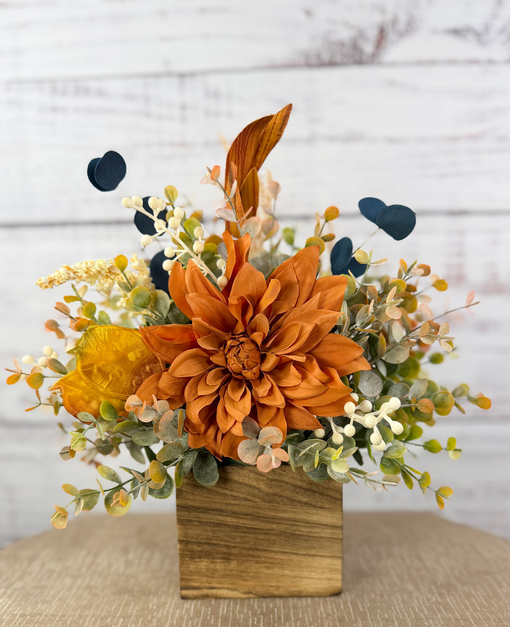Autumn Blue Fall Floral Arrangement in Wood Cube