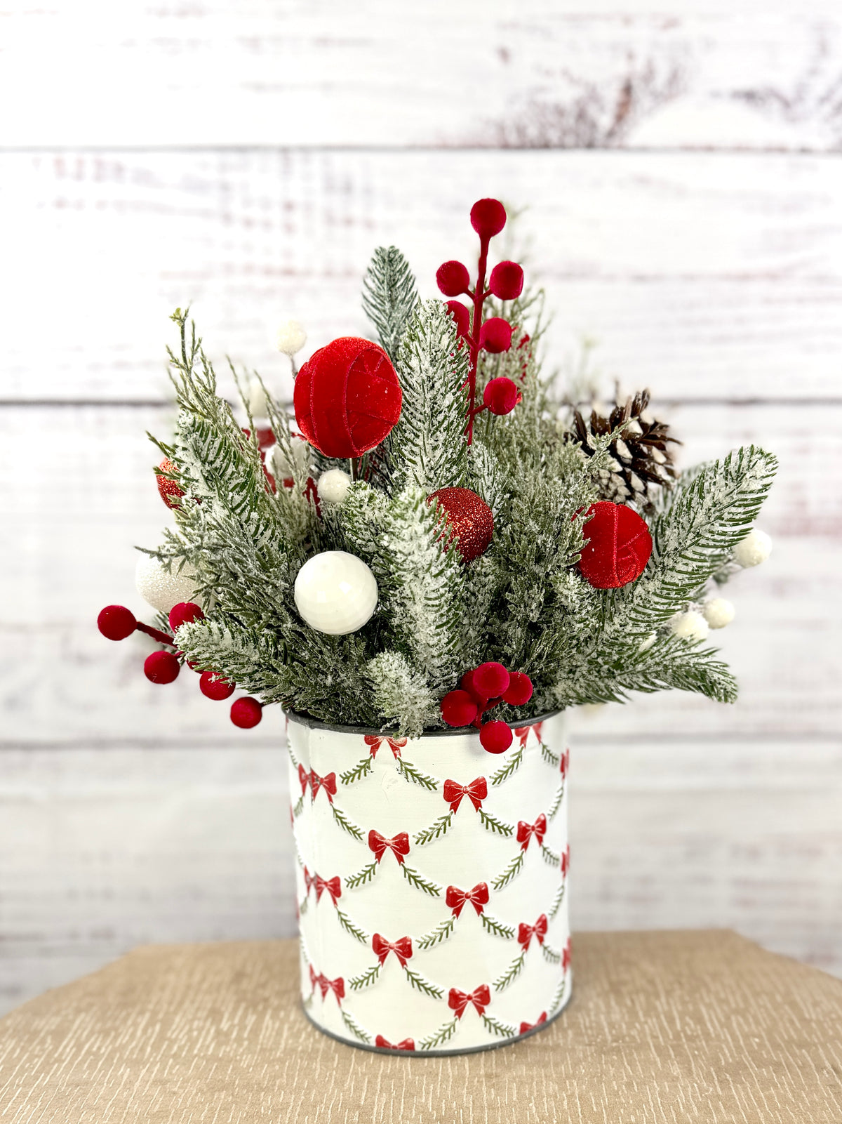 Rear angle showing red berries and holiday ornaments