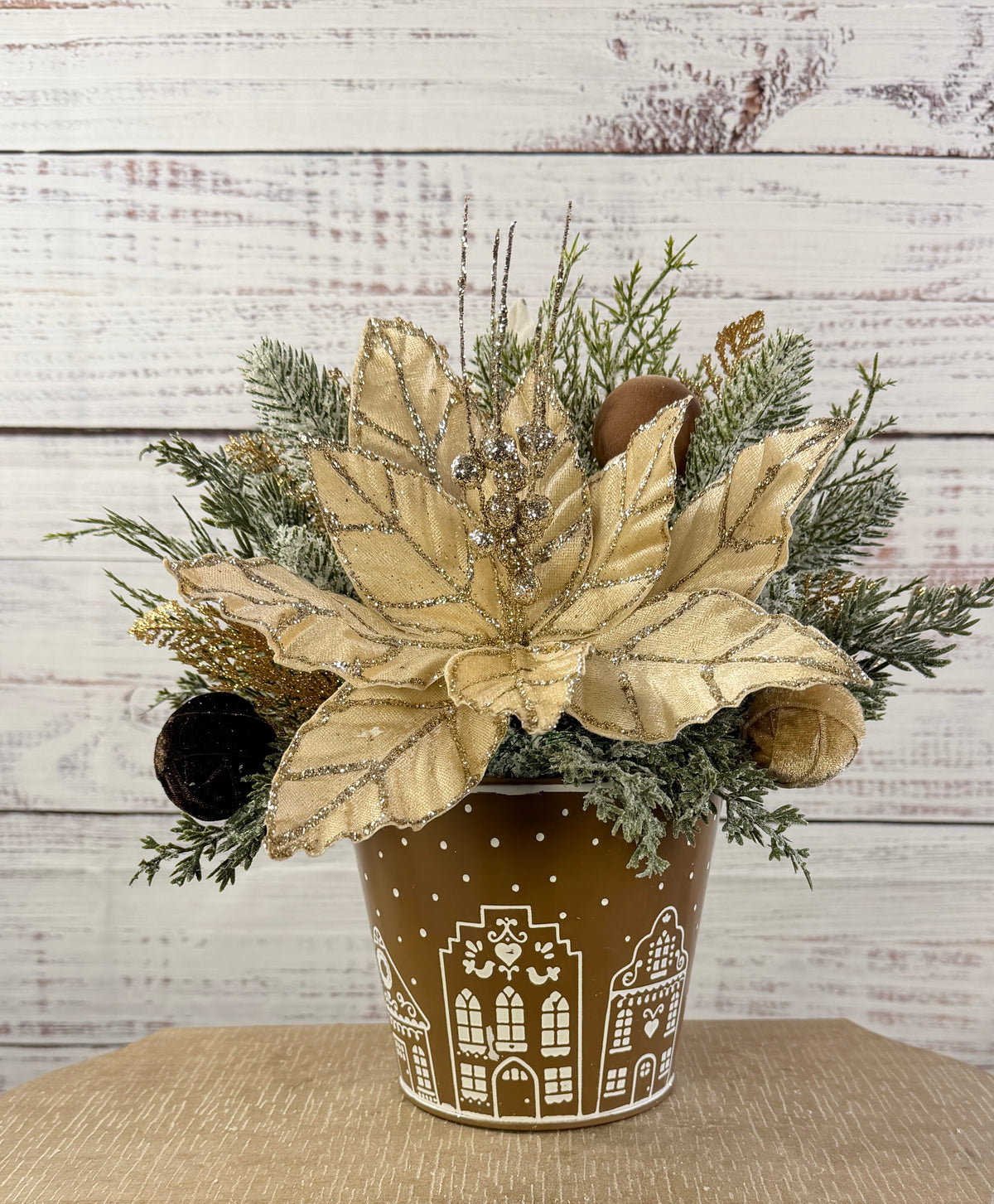 Champagne & Cocoa Christmas Poinsettia Arrangement in Gingerbread Tin, Neutral Holiday Centerpiece