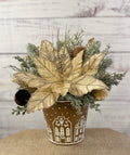 Champagne & Cocoa Christmas Poinsettia Arrangement in Gingerbread Tin, Neutral Holiday Centerpiece