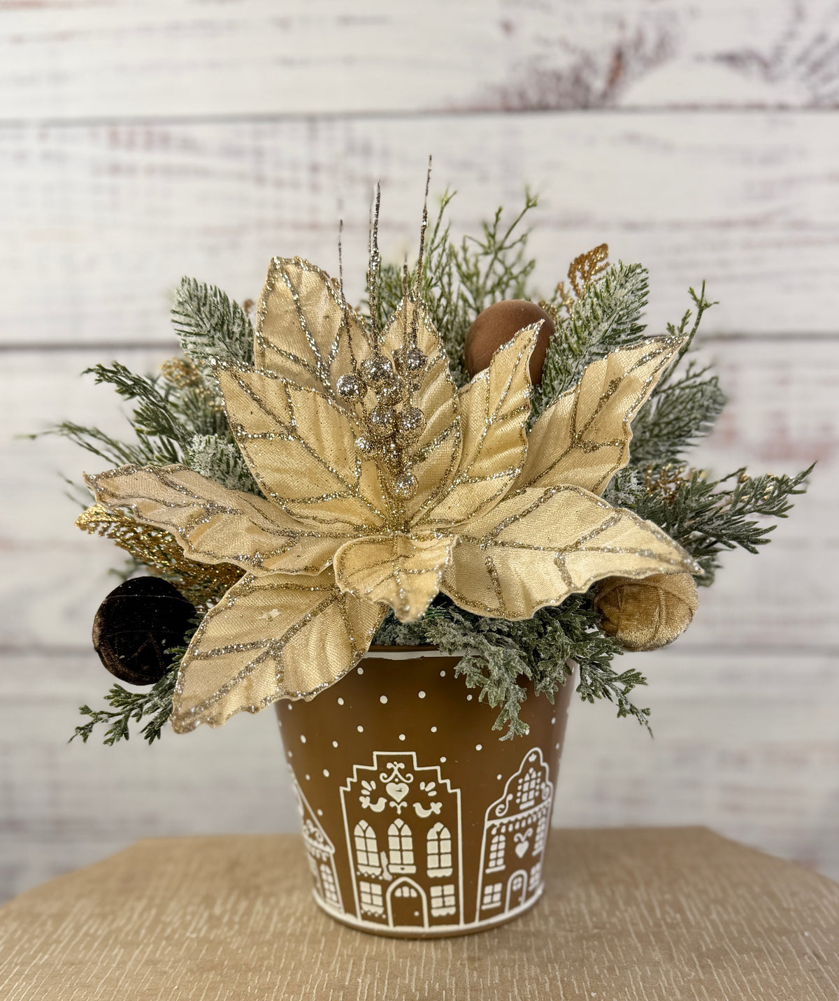 Champagne & Cocoa Christmas Poinsettia Arrangement in Gingerbread Tin, Neutral Holiday Centerpiece